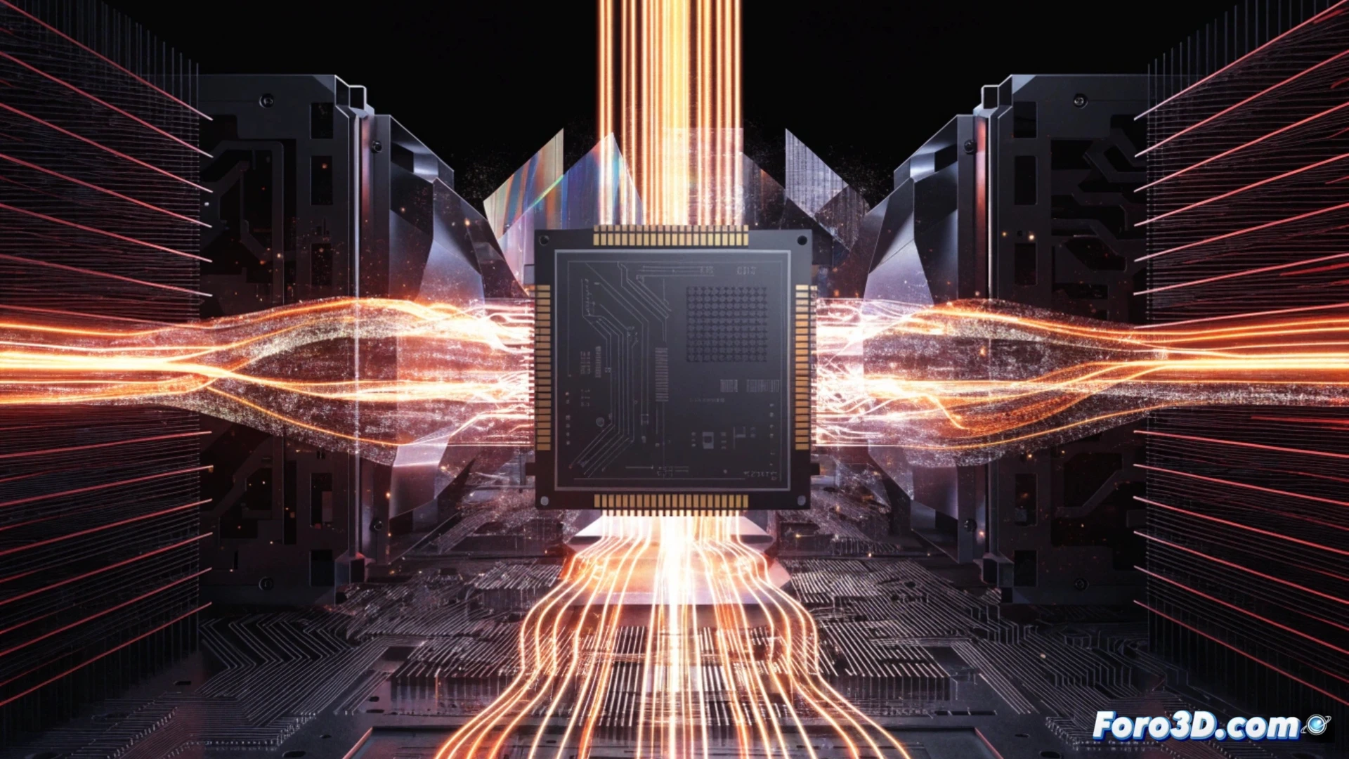 AMD Ryzen 9 9950X processor on a motherboard, glowing AVX-512 instruction set icon floating above the CPU, multiple hard drives in RAID5 and RAID6 arrays with data streams flowing between them, Linux terminal showing rapid code execution and speed graphs, a Google engineer silhouette monitoring the process, cinematic technical illustration, blue and orange neon circuit traces on the motherboard, data verification process visualized as glowing green checkmarks moving across disk platters, dynamic particle effects showing 41% performance boost, photorealistic engineering visualization