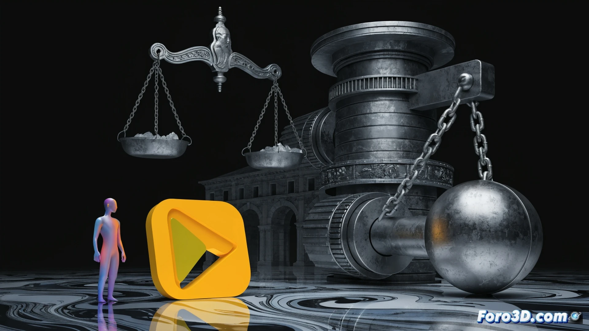 large hand in a corporate suit sleeve pressing down a digital scale labeled with app icons, the scale arm bending under legal documents shaped like gavels and chains, Google Play Store interface glowing faintly in the background while a robotic arm reluctantly releases coins into a smaller tray, cinematic photorealistic engineering visualization, dramatic low-angle lighting, metallic reflections on the scale, shadow of a courtroom gavel cast across the scene, ultra-detailed mechanical joints on the robotic arm, tension visible in the chain links, high-contrast industrial chiaroscuro
