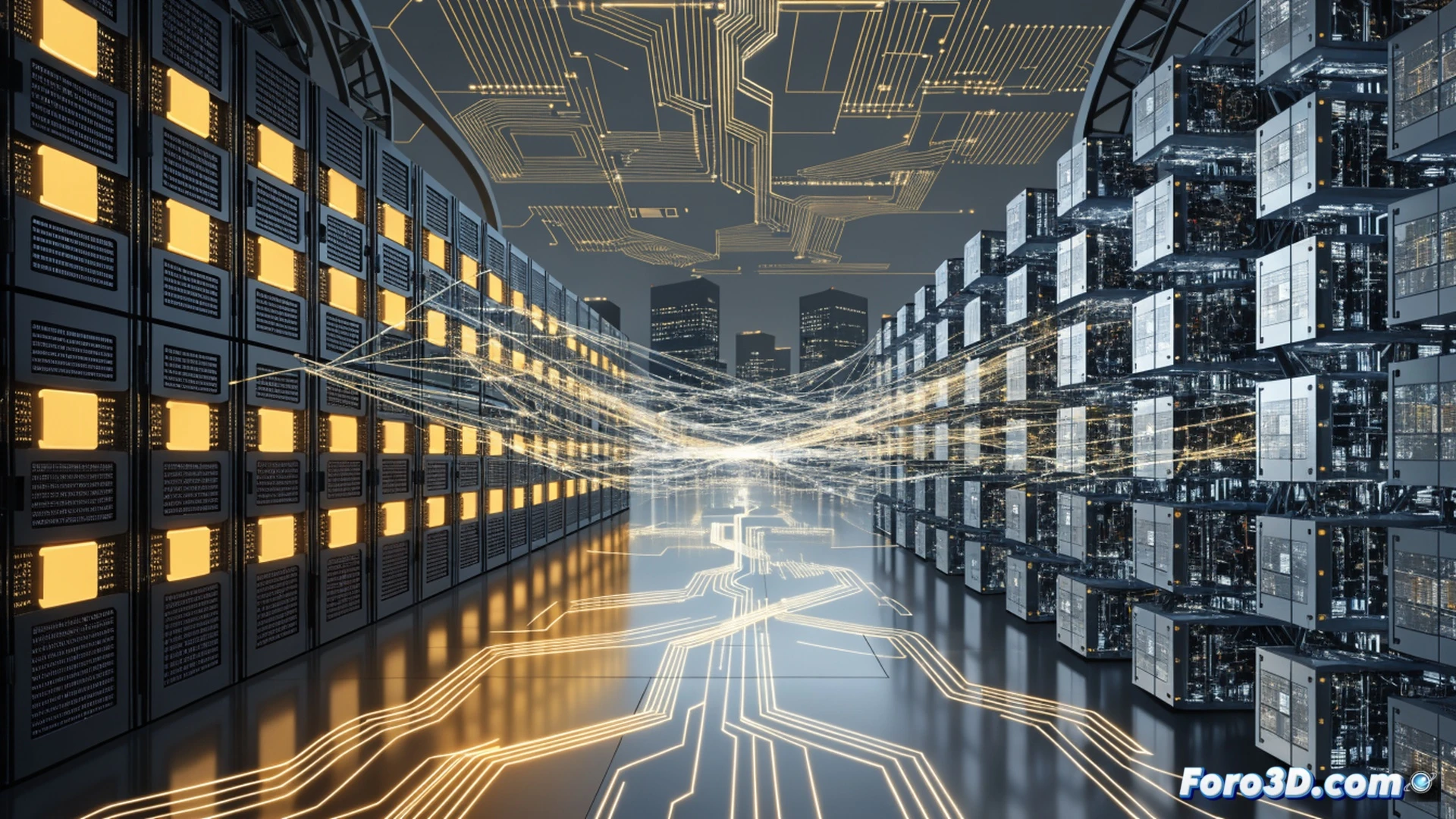 close-up of Google TPU chip being inserted into a server rack by a robotic arm, stacks of US dollar bills and credit documents on a glowing circuit board table, data streams flowing from Nvidia GPU icons being redirected toward Google Cloud logos, cinematic engineering visualization, blue and gold lighting, metallic server blades with heat sinks, fiber optic cables pulsing with light, abstract financial graphs overlaying the hardware, photorealistic technical illustration, dramatic industrial shadows, high-contrast metallic reflections