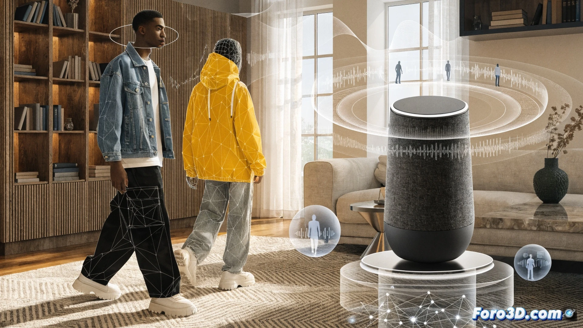 Modern smart home interior scene, Google Home Hub device on a kitchen counter displaying a live camera feed with family members identified by clothing color and body shape, a person in a red hoodie and another in blue jeans walking past, a dog barking icon and smoke alarm symbol appearing as detected sounds on the screen, glowing notification bubbles showing reduced false alerts, clean minimalist household setting, warm ambient lighting, photorealistic technical visualization, ultra-detailed hardware textures, soft shadows, cinematic depth of field, clear demonstration of AI-based person recognition process