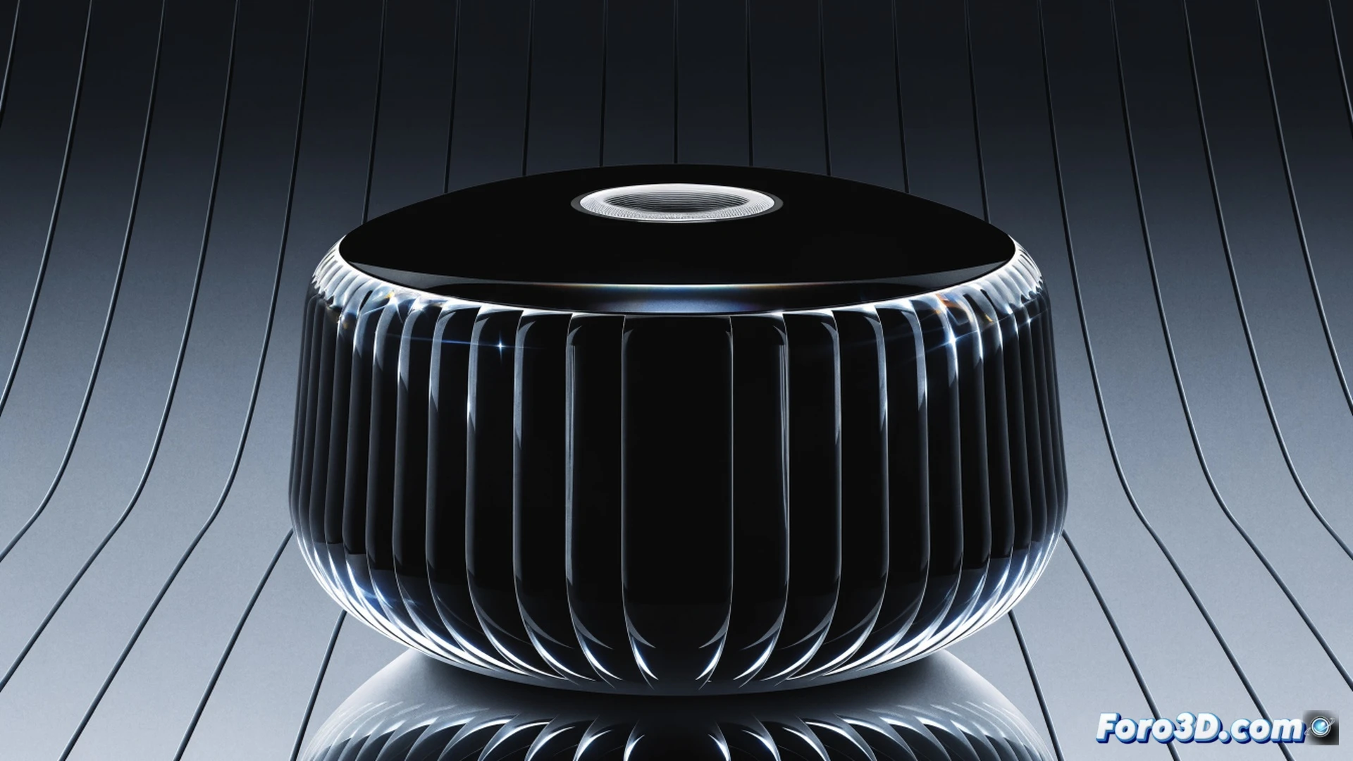 white Google Home Speaker on a wooden table in a modern living room, a glowing Gemini orb floating above it emitting soft cyan light, a person gesturing toward a smart plug on the wall while the speaker emits a 360-degree sound wave visible as translucent concentric rings, room recognition shown by a subtle floorplan overlay fading around the speaker, photorealistic technical illustration, cinematic lighting with warm ambient tones, ultra-detailed mesh grille texture, dramatic shadows, clean minimalist aesthetic