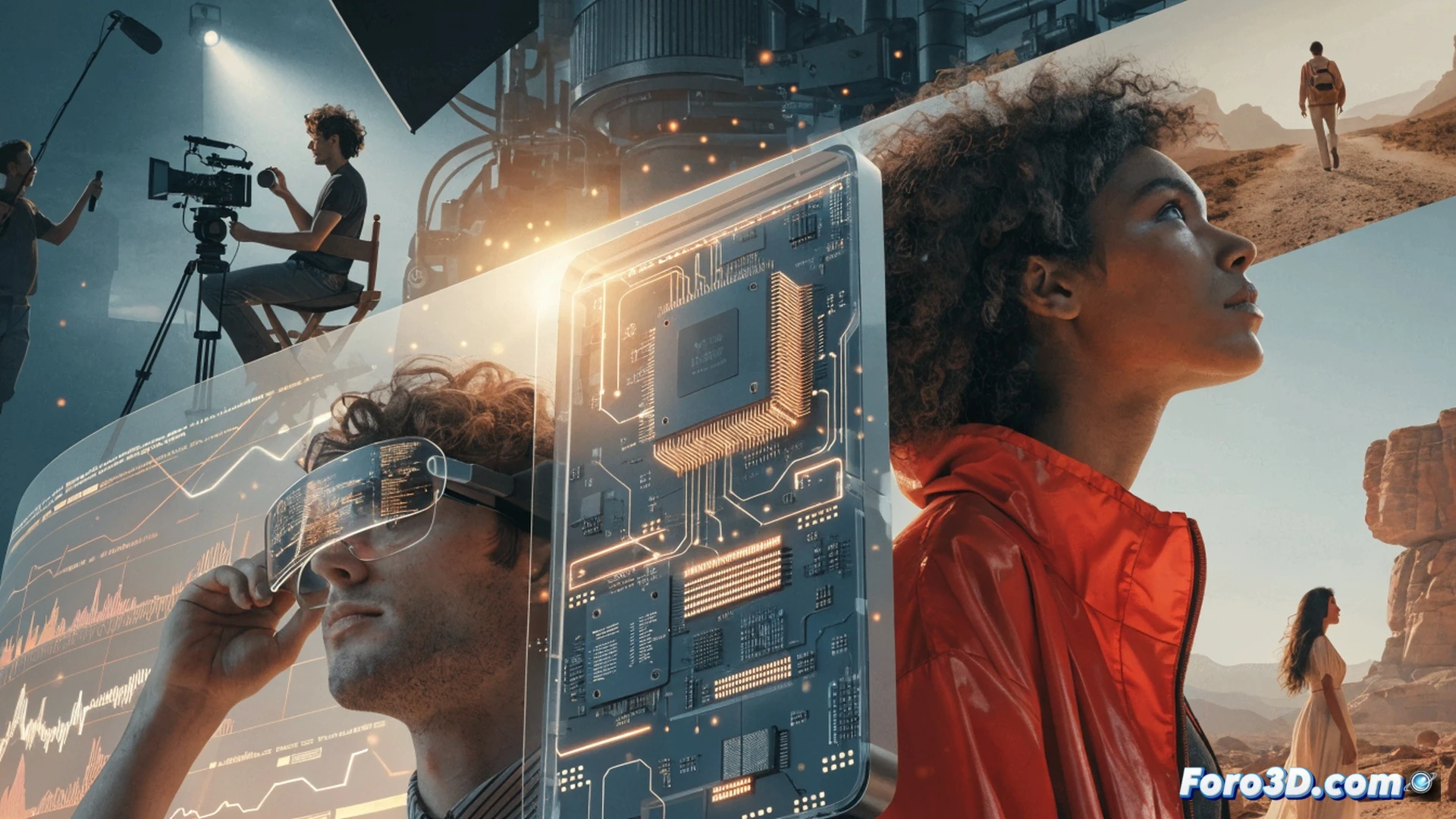 Cinematic scene of a film director using a transparent tablet while standing on a movie set, holographic AI editing tools floating in the air showing real-time scene analysis, camera rig with motion sensors tracking actor movement, glowing data streams flowing from the tablet to a central server rack nearby, minimalist studio lighting with soft blue and amber tones, photorealistic technical illustration, modern film production environment, no text or numbers visible, clean metallic surfaces, subtle haze around holographic interfaces, professional cinematography composition.