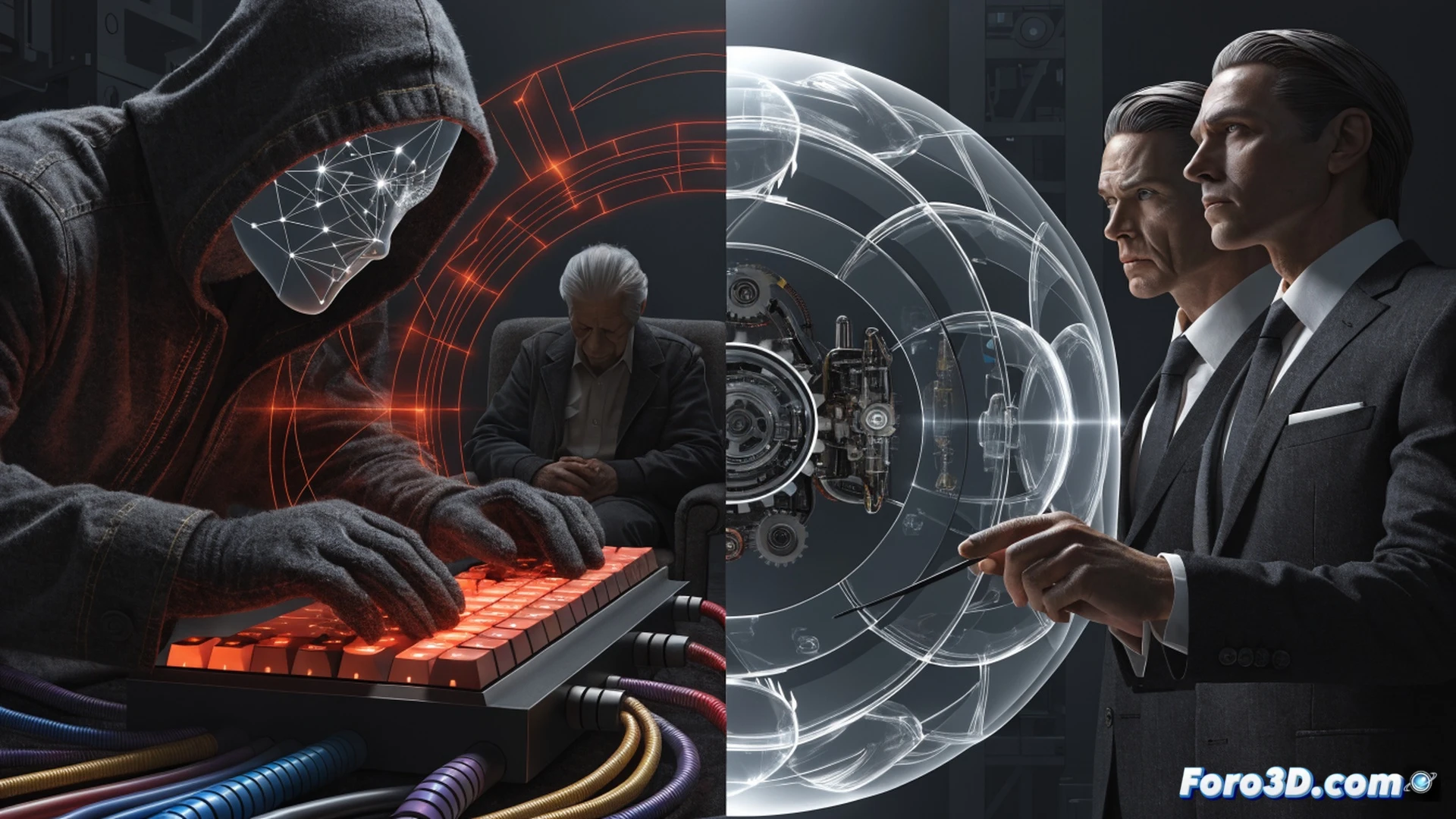 photorealistic technical illustration of a dual-faced humanoid robot holding a smartphone, one hand displaying a glowing AI chatbot interface with scam warning symbols, the other hand dropping a cascade of digital coins into a dark void, background shows a courtroom gavel and a government building silhouette, broken chain links around the robot wrist, cinematic lighting with dramatic shadows, ultra-detailed metallic surfaces, glowing red error codes on the phone screen, engineering visualization style, action of deception and accountability being weighed