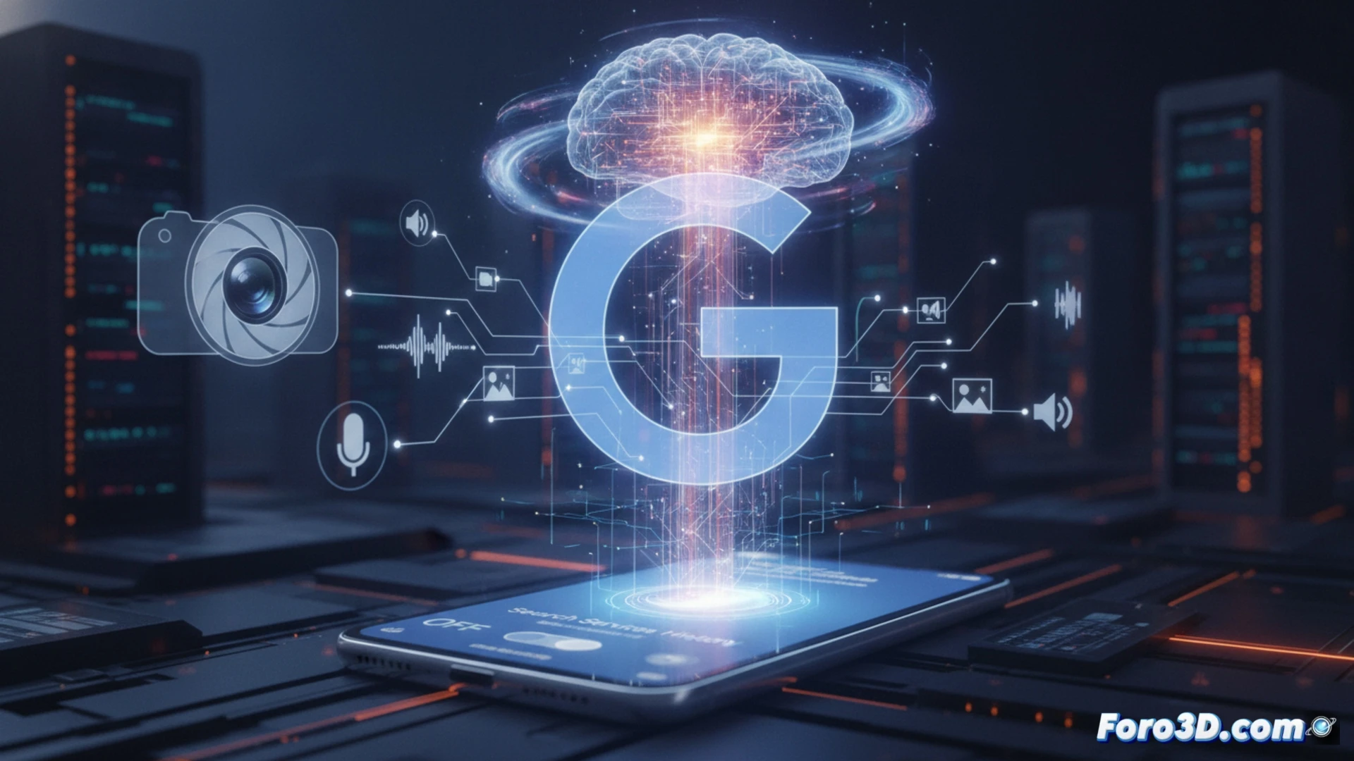 Smartphone screen showing Google Lens interface scanning a passport photo, small camera icon pulsing while microphone symbol glows red indicating audio capture, data streams flowing from the device into a cloud server labeled with neural network nodes, gear icon representing settings panel partially visible with toggle switch for Search History, abstract binary code particles merging into human faces and voice waveforms, cinematic engineering visualization, dark blue and neon cyan lighting, photorealistic technical illustration, metallic smartphone edges, glowing data transfer lines, ultra-detailed circuit board textures