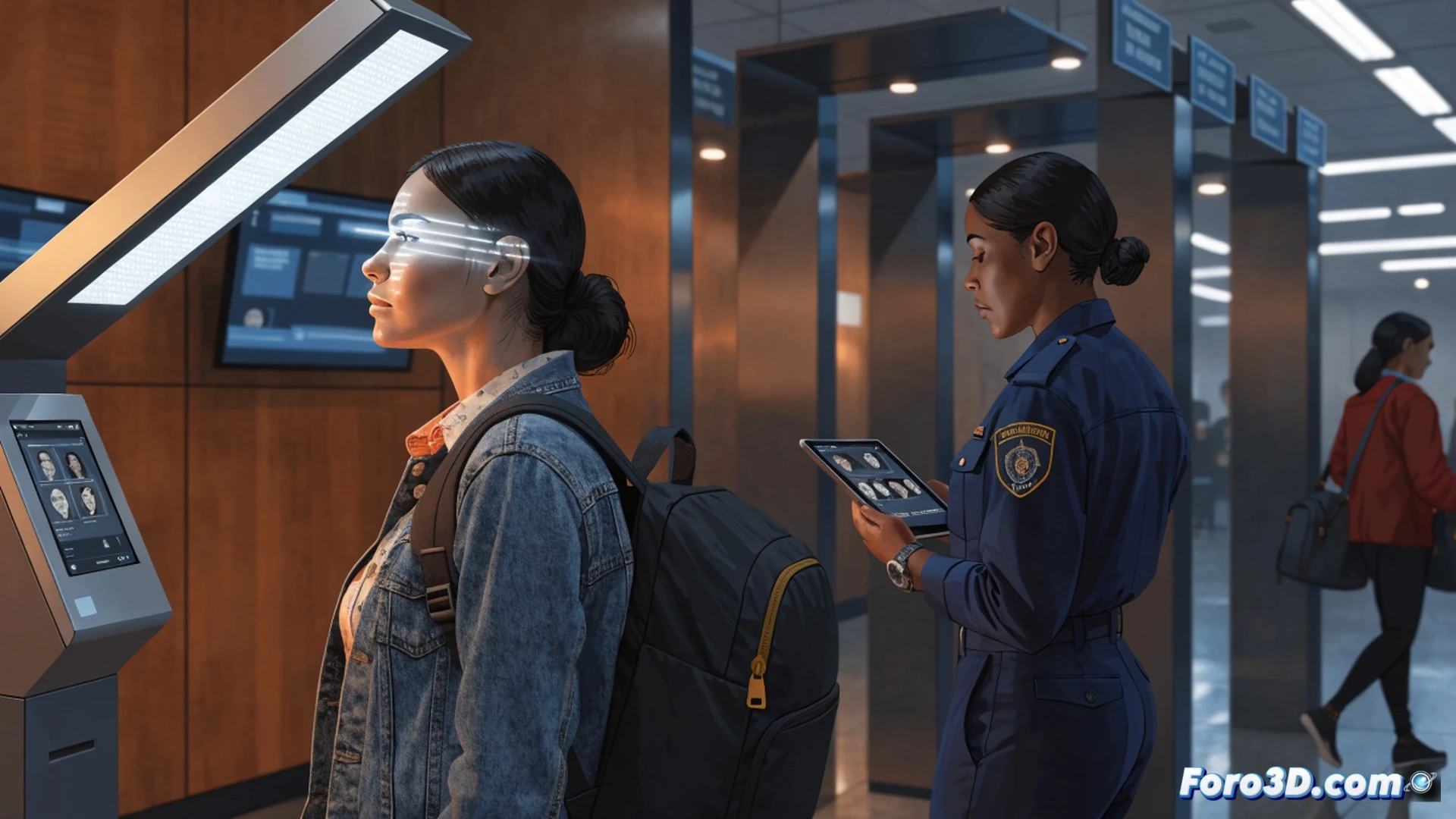 TSA airport security checkpoint, traveler holding smartphone displaying Google Wallet digital ID, facial recognition camera scanning face while ID card stays in pocket, TSA PreCheck lane with fast-moving queue, airport terminal background with security equipment, cinematic photorealistic technical illustration, bright sterile lighting, blue digital wallet interface glowing on phone screen, biometric scanner with green confirmation light, streamlined crowd flow showing reduced waiting time, ultra-detailed facial recognition hardware, modern airport interior with glass partitions, realistic textures and reflections