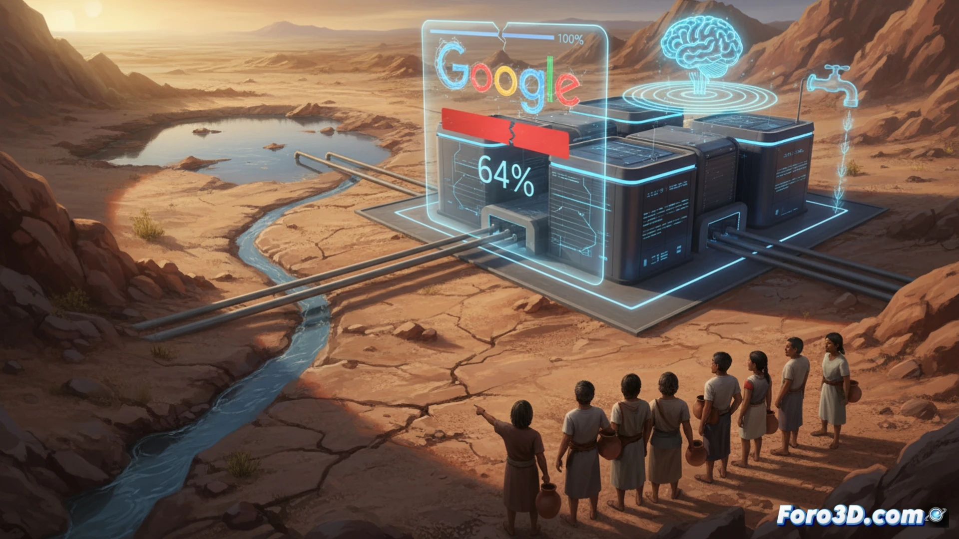 cinematic aerial shot of a massive Google data center surrounded by dry cracked earth, cooling pipes feeding into a server room while a transparent water gauge shows 64 percent filled, a futuristic AI chip glowing blue inside a glass server rack, water droplets evaporating from cooling towers into a drought-stricken landscape, hyperrealistic environmental contrast between green server lights and parched brown terrain, technical illustration style with industrial lighting, detailed mechanical infrastructure, steam rising from cooling systems, ultra-realistic architectural render