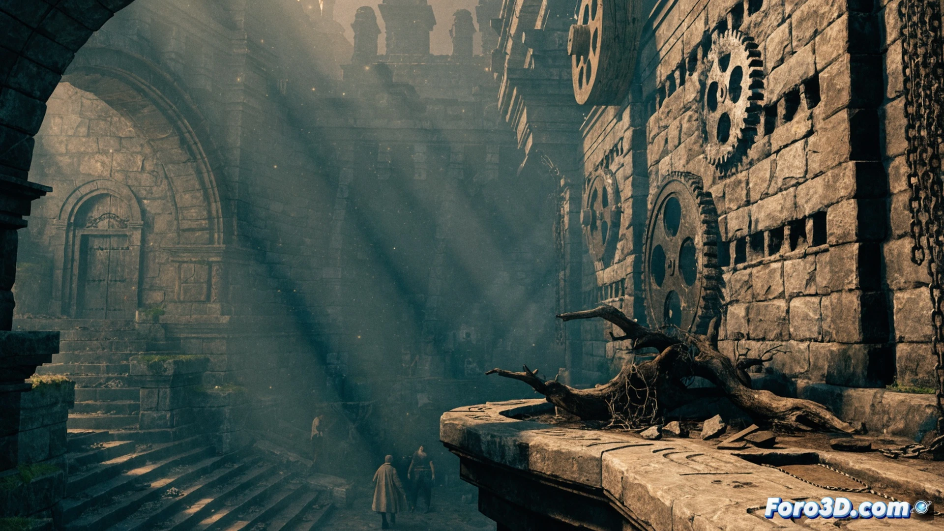 ancient mining colony valley at dawn, medieval stone fortress ruins with wooden scaffolding, a hero in worn leather armor raising a glowing ore sword while defeating a giant swamp monster, combat dust and magical sparks flying, Gothic architecture in background, mining tools and pickaxes scattered on cobblestone ground, realistic game engine screenshot style, cinematic lighting with dramatic shadows, volumetric fog in forest, ultra-detailed textures on stone walls and monster scales, photorealistic technical render