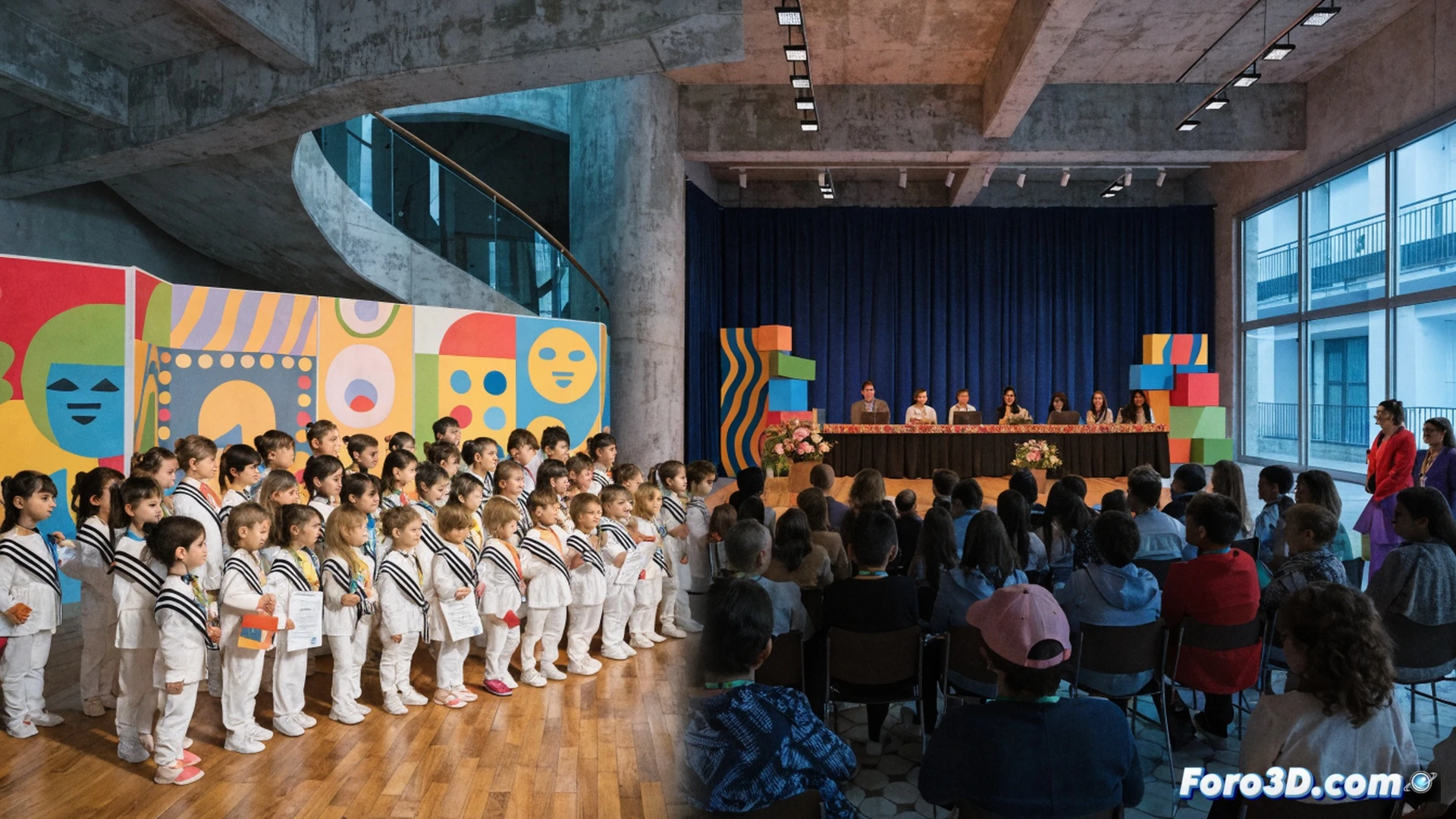 photorealistic scene of 36 small graduation caps being tossed into the air above a colorful classroom floor, children in miniature gowns reaching up with excitement, wooden educational toys and alphabet blocks scattered on low shelves, a glowing digital tablet showing a graduation certificate template on a child-sized desk, warm sunlight streaming through large windows, soft focus on joyful faces and hands in motion, cinematic celebration lighting, early childhood education setting, ultra-detailed textures on caps and fabrics, joyful spontaneous action, technical illustration style with warm tones