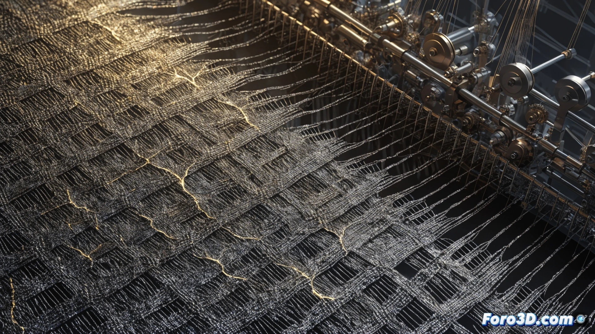 Graphene textile being woven on a nanoscale loom, micro-fractures forming along carbon lattice threads during the weaving action, GOM Inspect 3D scanning system projecting blue laser lines across the fabric, VGSTUDIO MAX interface displaying highlighted crack propagation in real-time, engineering visualization, close-up of broken graphene strands with glowing fracture edges, metallic thread tension visible, dark industrial lab background, precise technical lighting, photorealistic render, dramatic depth of field, microscopic detail of defect analysis