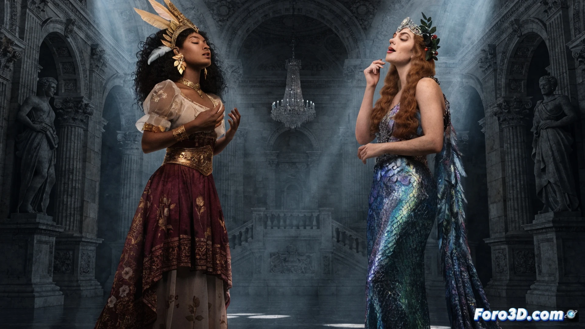 photorealistic scene of a grand opera stage in Madrid, a female soprano in mythological costume singing dramatically while holding a lyre, behind her a digital screen displaying ancient Greek temple columns and mythological figures, stage lights casting warm golden beams, orchestra pit visible with musicians playing violins and cellos, red velvet curtains framing the scene, technical lighting rigs and sound equipment visible above stage, audience silhouetted in dimmed theatre seats, cinematic composition, dramatic chiaroscuro lighting, ultra-detailed fabric textures, hyperrealistic theatrical atmosphere