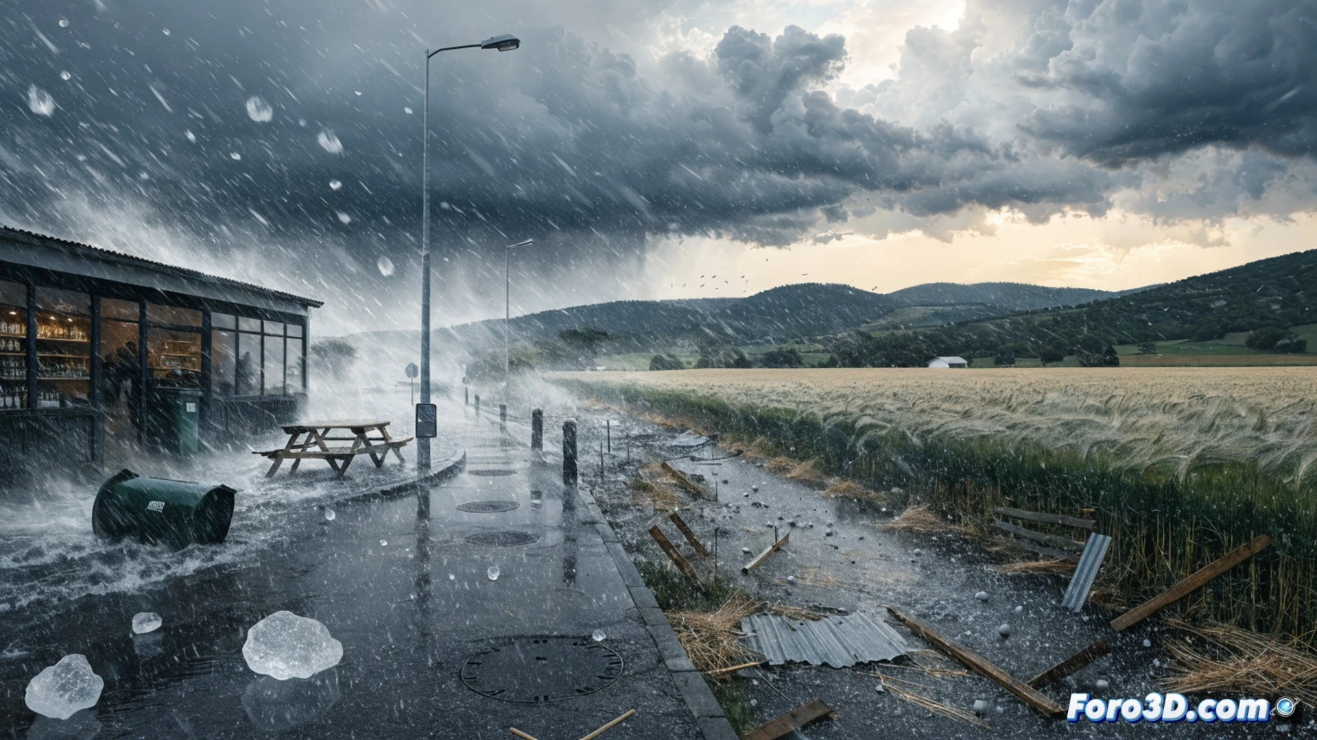 Tormenta de granizo y viento sobre campos de cebada en Muniesa, Teruel, parcelas agrícolas inclinadas y cosechas destrozadas bajo rachas de viento de 80 km/h, calles anegadas con agua lodosa y escombros, un tractor agrícola parcialmente sumergido en un bar inundado, vecinos señalando daños mientras el granizo golpea techos de casas rurales, estilo cinematográfico fotorrealista, iluminación tormentosa con nubes negras y relámpagos distantes, textura granulada de piedras de hielo sobre asfalto mojado, atmósfera dramática de desastre natural, ultra detallado, render técnico de ingeniería agrícola