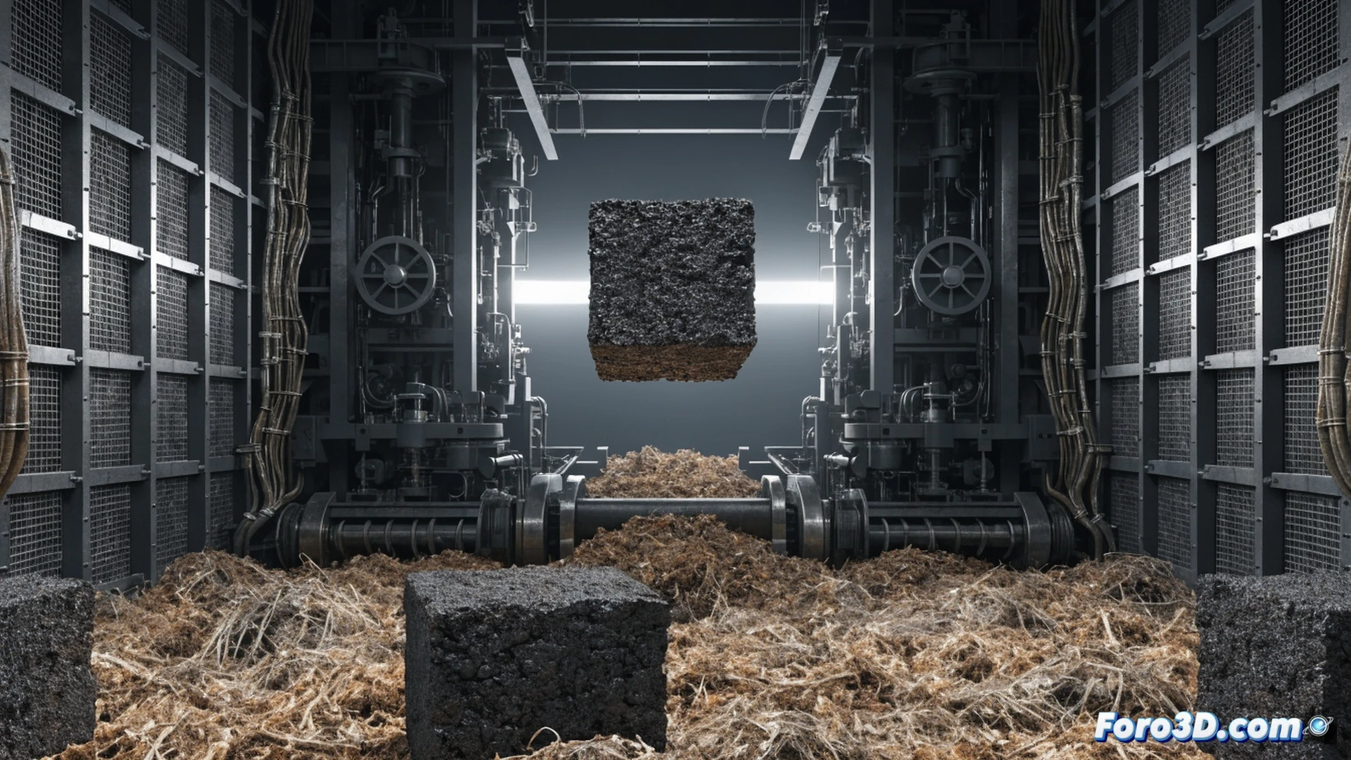 agricultural waste biomass pile being processed, conveyor belt feeding dried plant matter into large industrial compactor machine, carbon casting block emerging from hydraulic press with steam and dust particles, sealed underground pit showing layered blocks with clay cap, cross-section view of buried carbon bricks with soil strata above, technical engineering visualization, photorealistic industrial render, dramatic side lighting from facility windows, metallic machinery surfaces with wear marks, realistic texture of compressed fibrous material, cinematic depth of field, clean scientific illustration style