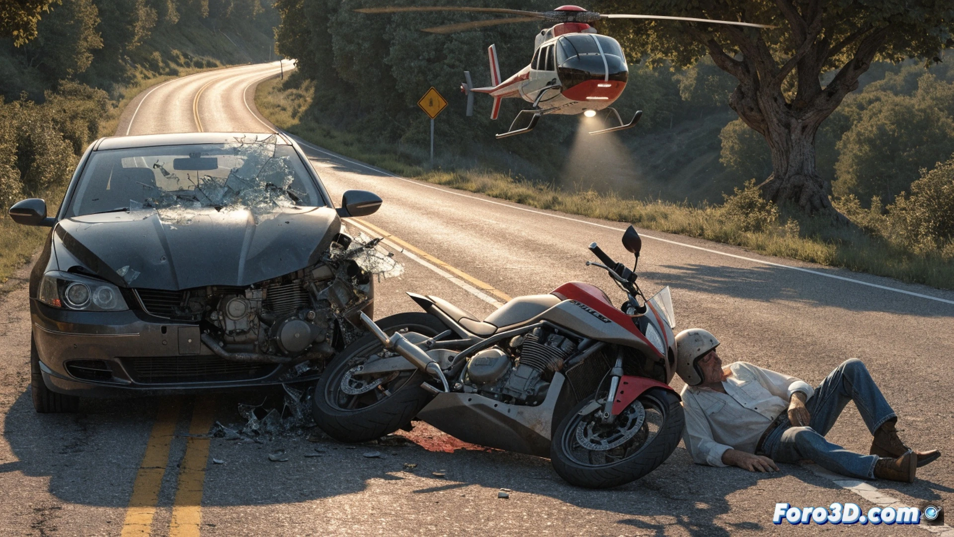 Helicóptero medicalizado aterrizando en carretera N-260 de montaña, motorista caído junto a moto deportiva destrozada, turismo con frontal impactado al fondo, curvas cerradas y asfalto irregular, equipos de emergencia estabilizando al herido con collarín cervical y camilla rígida, luces estroboscópicas de ambulancias iluminando la escena nocturna, neblina baja en el valle, estilo cinematográfico fotorrealista, textura de asfalto rugoso, reflejos metálicos en chasis abollado, dramatismo técnico en composición.
