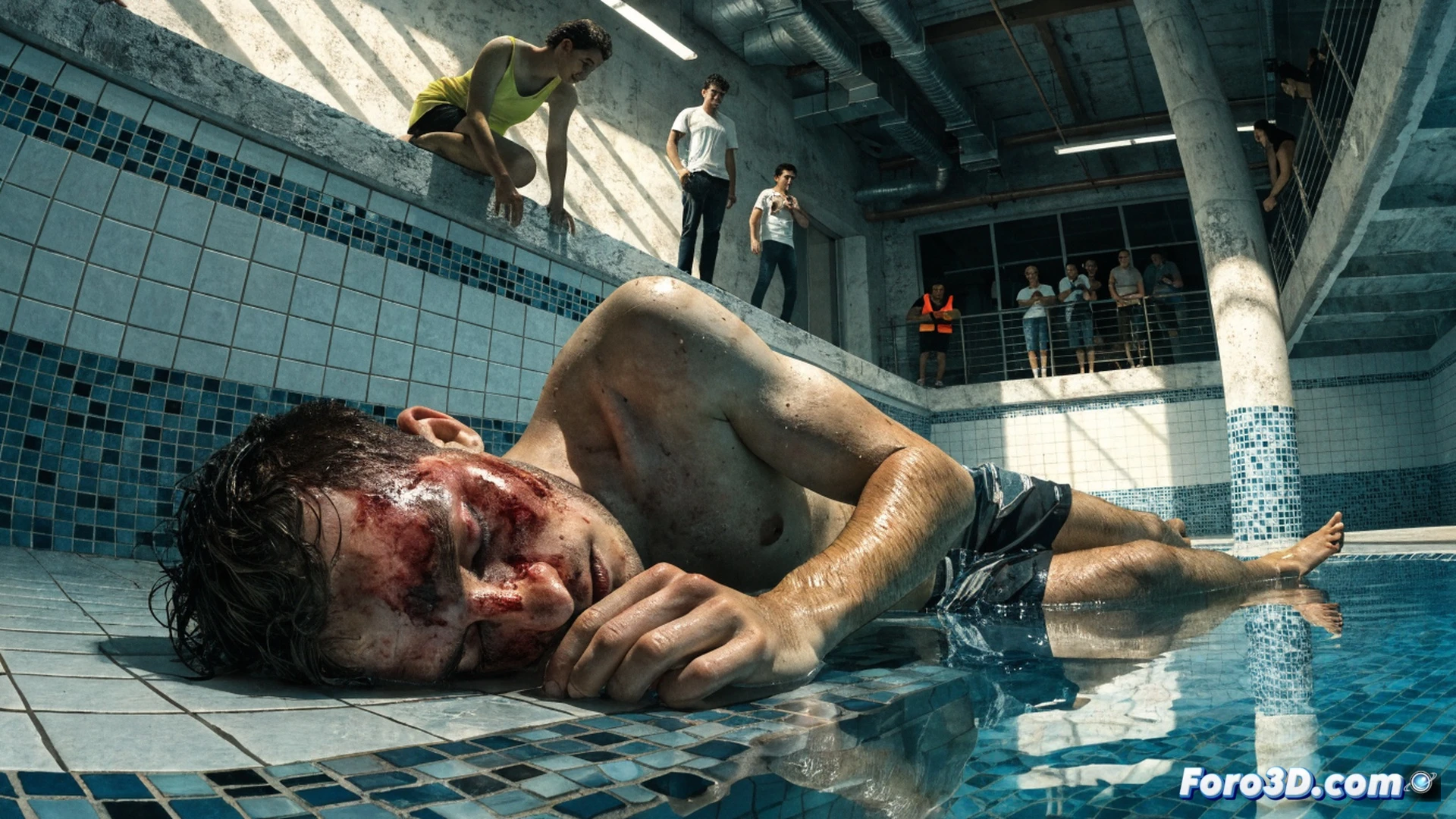 Hombre joven saltando de cabeza hacia una piscina al aire libre, brazos extendidos, cuerpo en ángulo pronunciado, fondo de agua turquesa poco profunda, señal de advertencia de profundidad mínima en el borde, impacto facial inminente contra el fondo de cemento, gotas de agua suspendidas, luz solar intensa del mediodía, estilo cinematográfico fotorrealista, ángulo bajo dramático, textura rugosa del suelo de la piscina visible, burbujas de aire alrededor del rostro, tensión muscular en el cuello, advertencia visual de peligro inminente, render técnico detallado