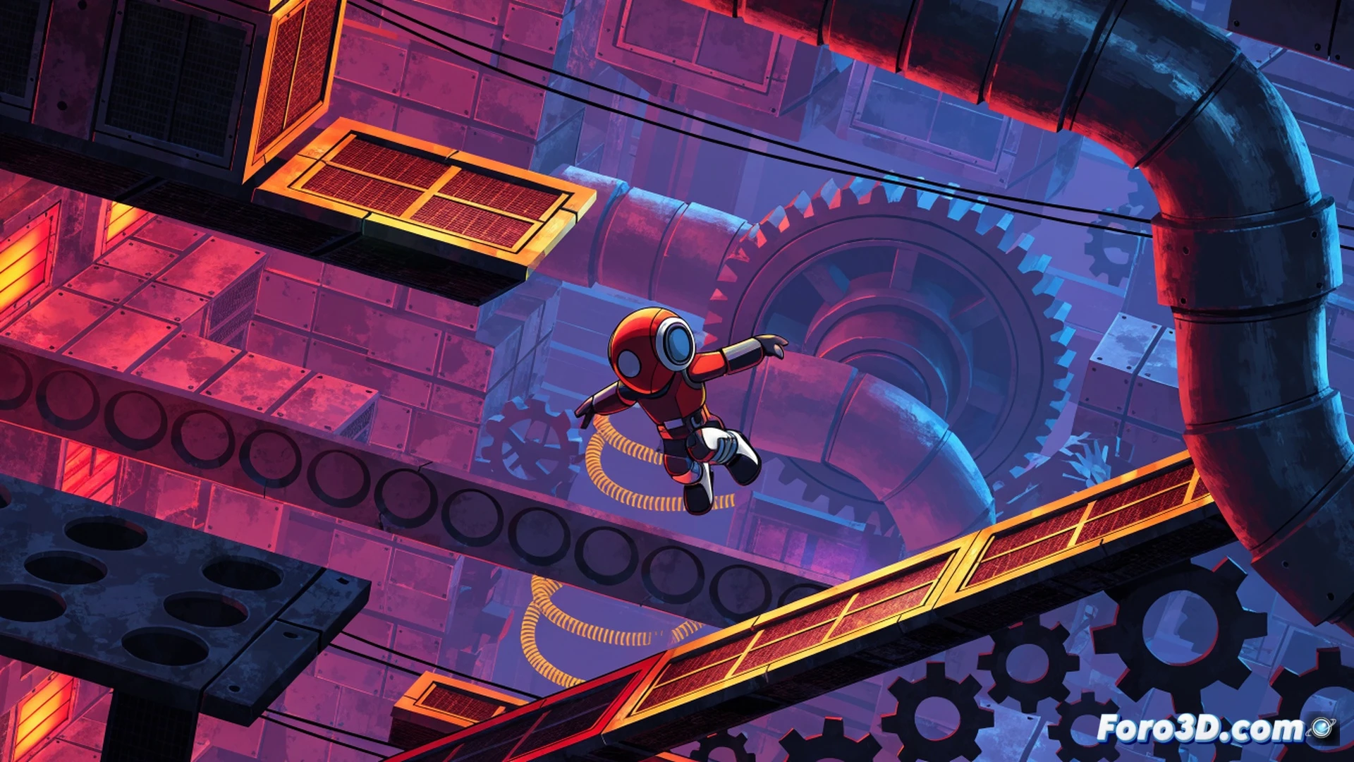 Retro pixel-art 2D platformer action scene, player character sliding under a rotating laser barrier while enemy robots fire projectiles from elevated platforms, glowing energy circuits on the ground pulse with movement, vintage CRT monitor scanlines effect over the gameplay, old-school arcade cabinet frame visible around the action, mechanical gears and circuit boards integrated into the background, dramatic neon lighting in cyan and magenta, motion blur on the sliding character, sparks from bullet impacts, high-contrast pixel shading, nostalgic 90s game aesthetic, technical illustration style with precise hitbox outlines and parallax scrolling layers visible
