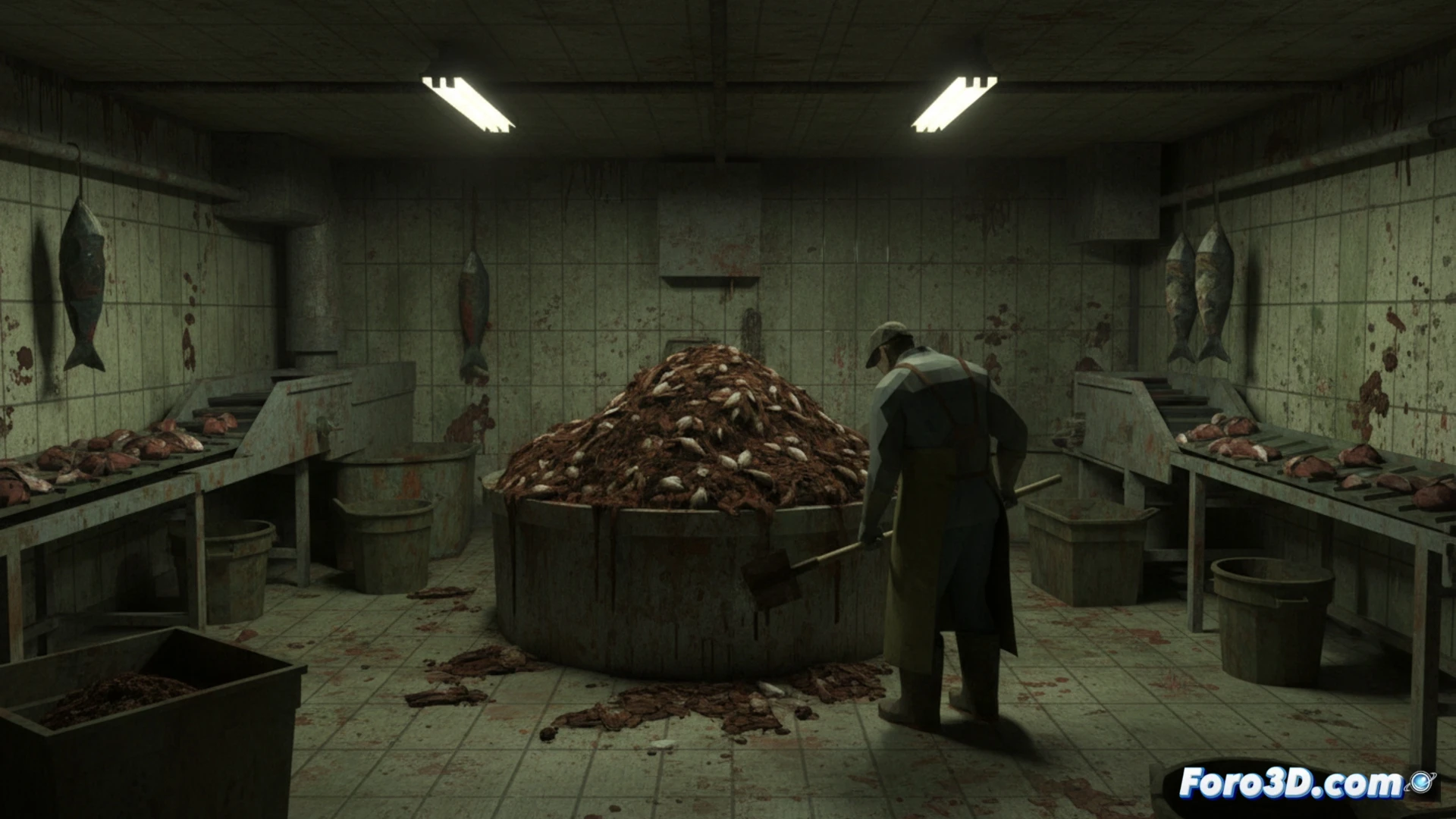 low-poly PS1-style 3D scene inside a dim Scottish fishmonger shop, a lone worker in a blood-stained apron scrubbing a stainless steel sink while greasy fish entrails pile up on a cutting board, fluorescent light flickering overhead casting harsh shadows on wet tiled floor, a CRT monitor displaying a booting operating system on a cluttered counter, retro game console connected with tangled cables, atmospheric fog and pixelated texture artifacts, oppressive mundane horror, cinematic horror game render, grainy low-resolution aesthetic, dramatic blue-grey lighting, technical retro gaming visualization