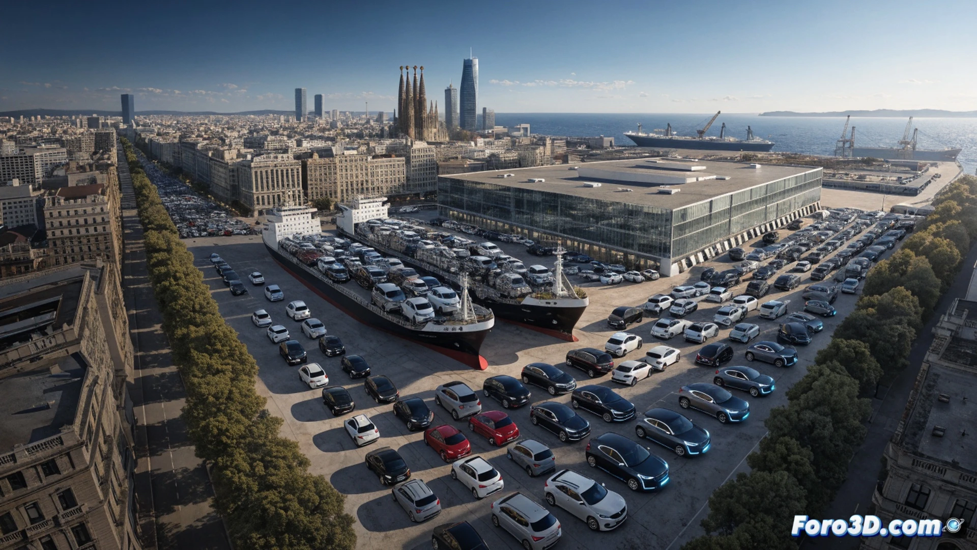 Puerto de Barcelona al atardecer, grúas descargando 500 vehículos de un buque de carga, primer plano de un SUV híbrido y un sedán eléctrico bajando por la rampa, técnicos inspeccionando neumáticos y conectores de carga, etiquetas de inventario visibles en parabrisas, luces LED de los faros reflejándose en el asfalto mojado, contenedores apilados al fondo, cinematic photorealistic engineering visualization, acción de desembarco logístico, metales cromados y plásticos negros brillantes, profundidad de campo con grúas borrosas en segundo plano, iluminación industrial anaranjada.