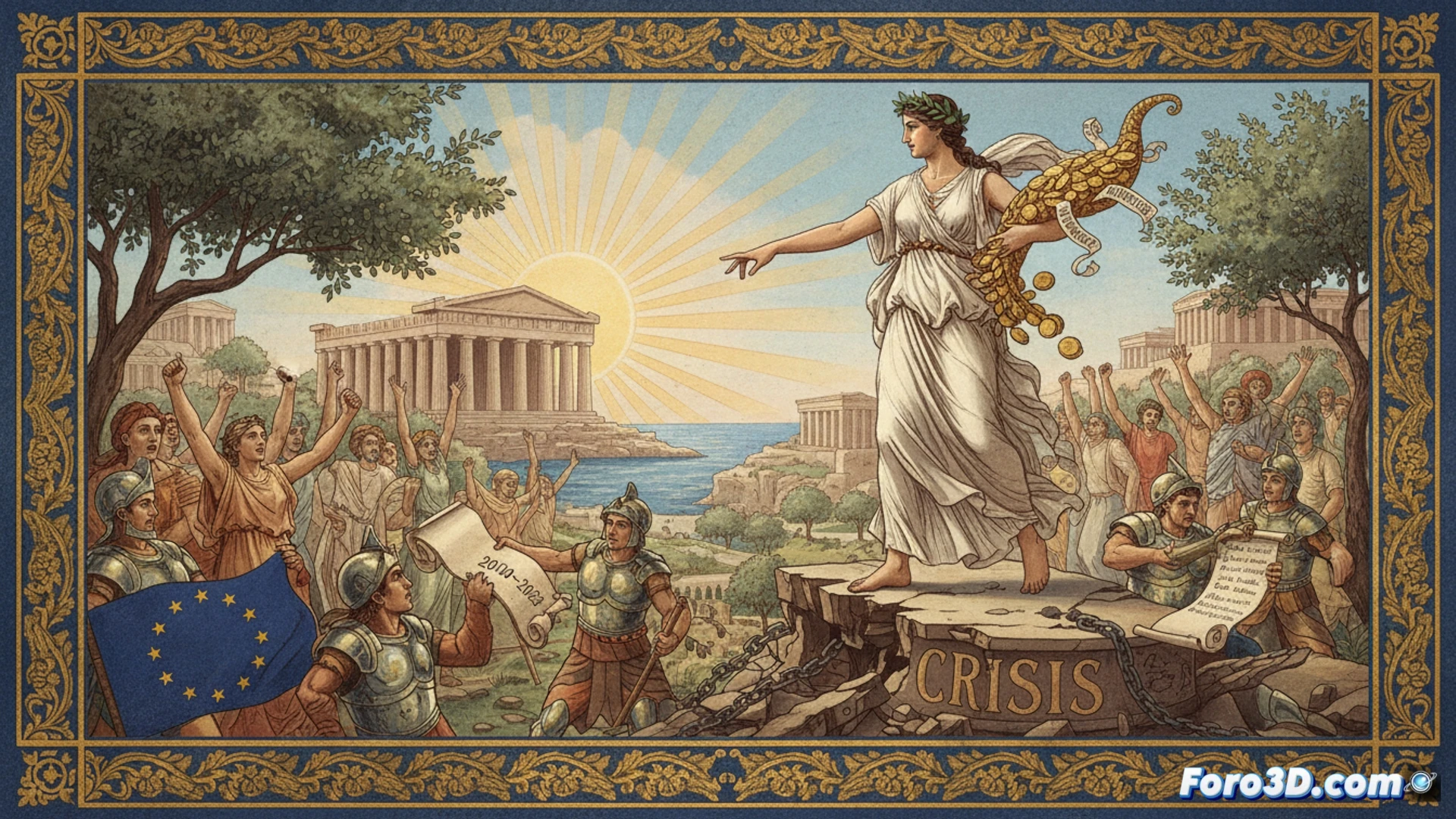 Greek parliament building facade at sunrise, a large European Union flag being unfurled from the roof while a financial chart on a digital billboard below shifts from red crisis zone to green growth zone, financial documents and euro coins stacked on a marble podium in foreground, cinematic photorealistic engineering visualization, dramatic golden hour lighting, sharp architectural details, flag motion blur, chart lines glowing with gradient transition, ultra-detailed stone texture, wide-angle lens perspective, symbolic closure of economic supervision process