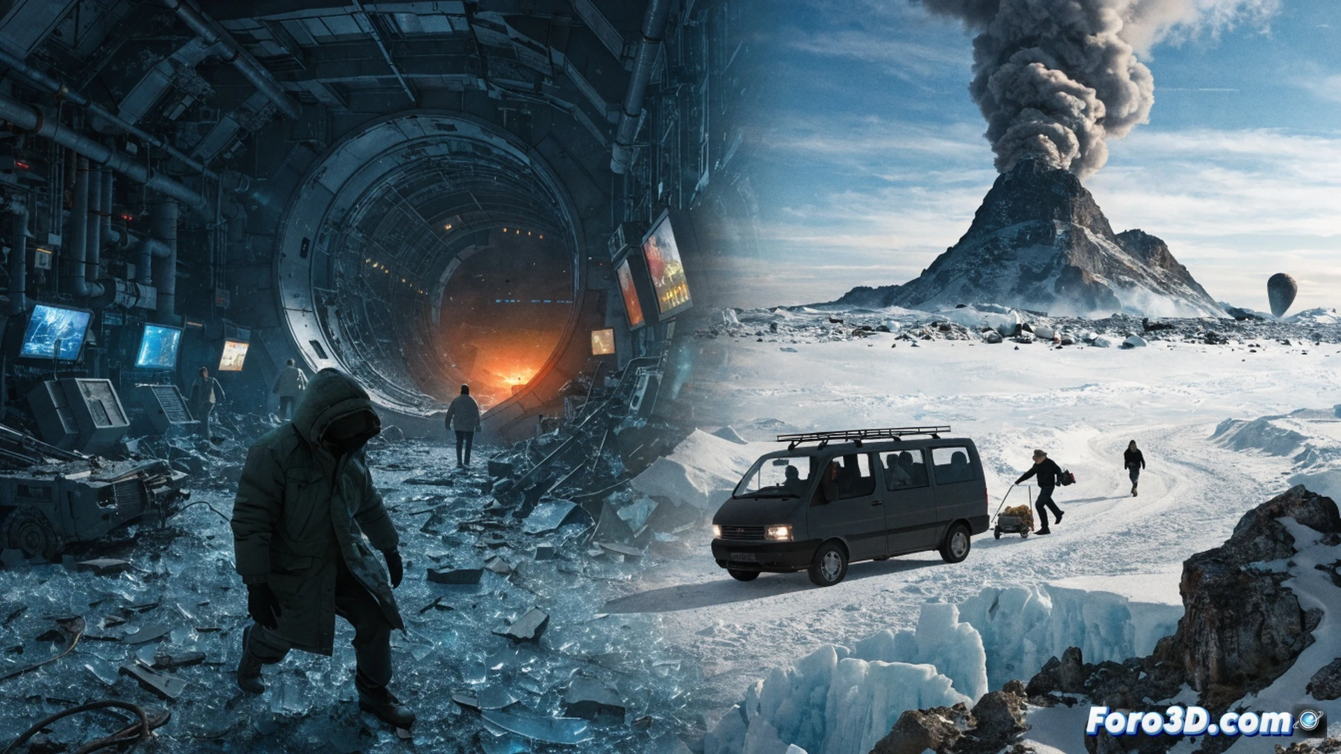 Cinematic scene of a destroyed concrete bunker interior in Greenland, a family fleeing through a shattered steel door, snow and debris falling, while a glowing holographic map on a fractured table displays a route to a microclimate in France, broken satellite dishes and exposed wires sparking overhead, photorealistic technical illustration, dramatic cold blue lighting contrasting warm emergency lights, dust particles floating, action of escape in progress, showing desperation and survival, ultra-detailed textures on cracked walls and rusted metal