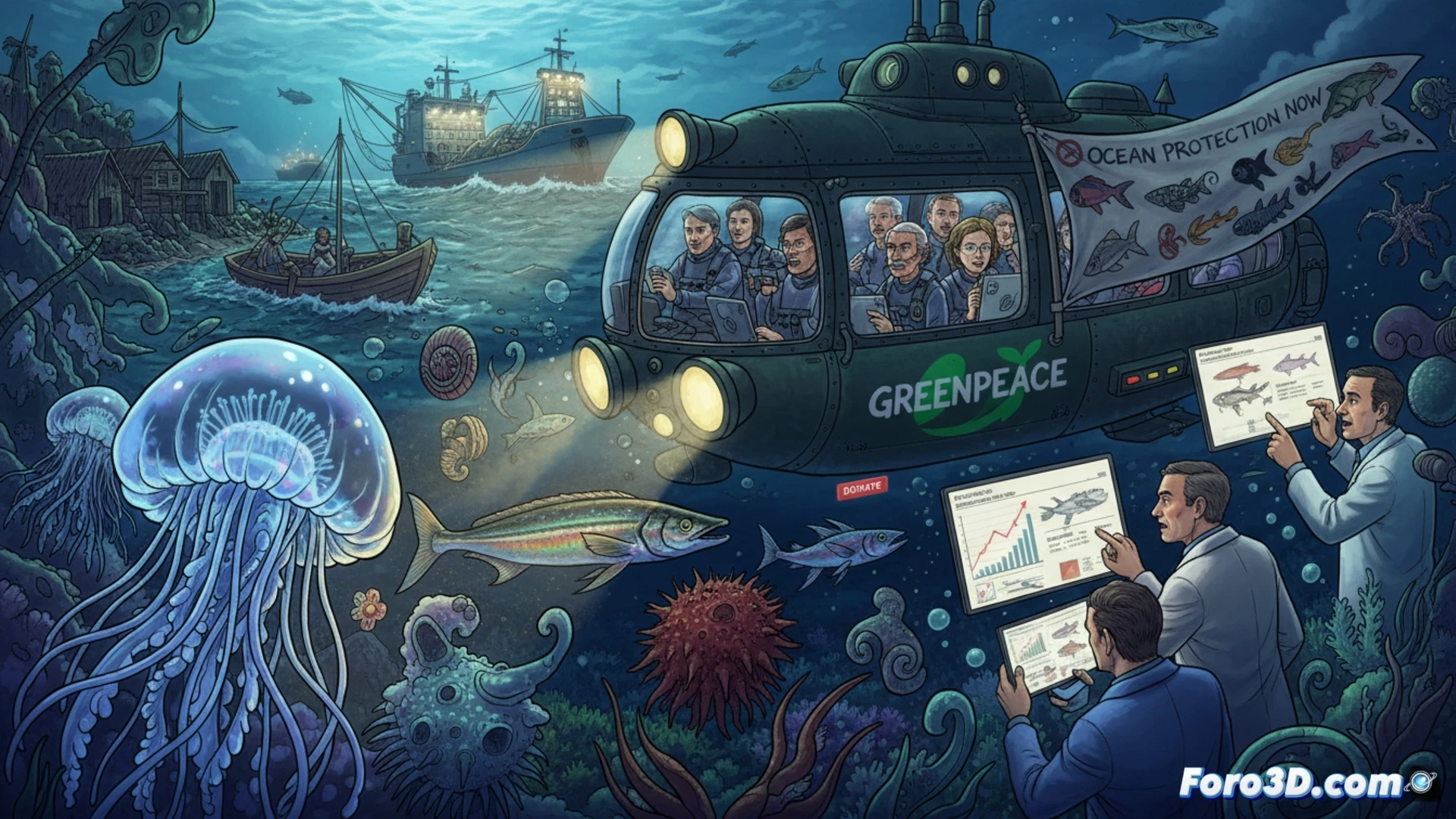 Deep-sea trench expedition scene, ROV robotic arm collecting a translucent marine organism from hydrothermal vent, cracked scientific database screen in background displaying previously cataloged species with red warning overlays, while Greenpeace logo floats above a donation pop-up interface, photorealistic technical illustration, cinematic underwater lighting with bioluminescent particles, data cables tangling with fishing nets, abandoned industrial trawler silhouette on surface, high-contrast ocean depths, realistic bubble trails, hyper-detailed mechanical ROV components, dramatic chiaroscuro lighting.