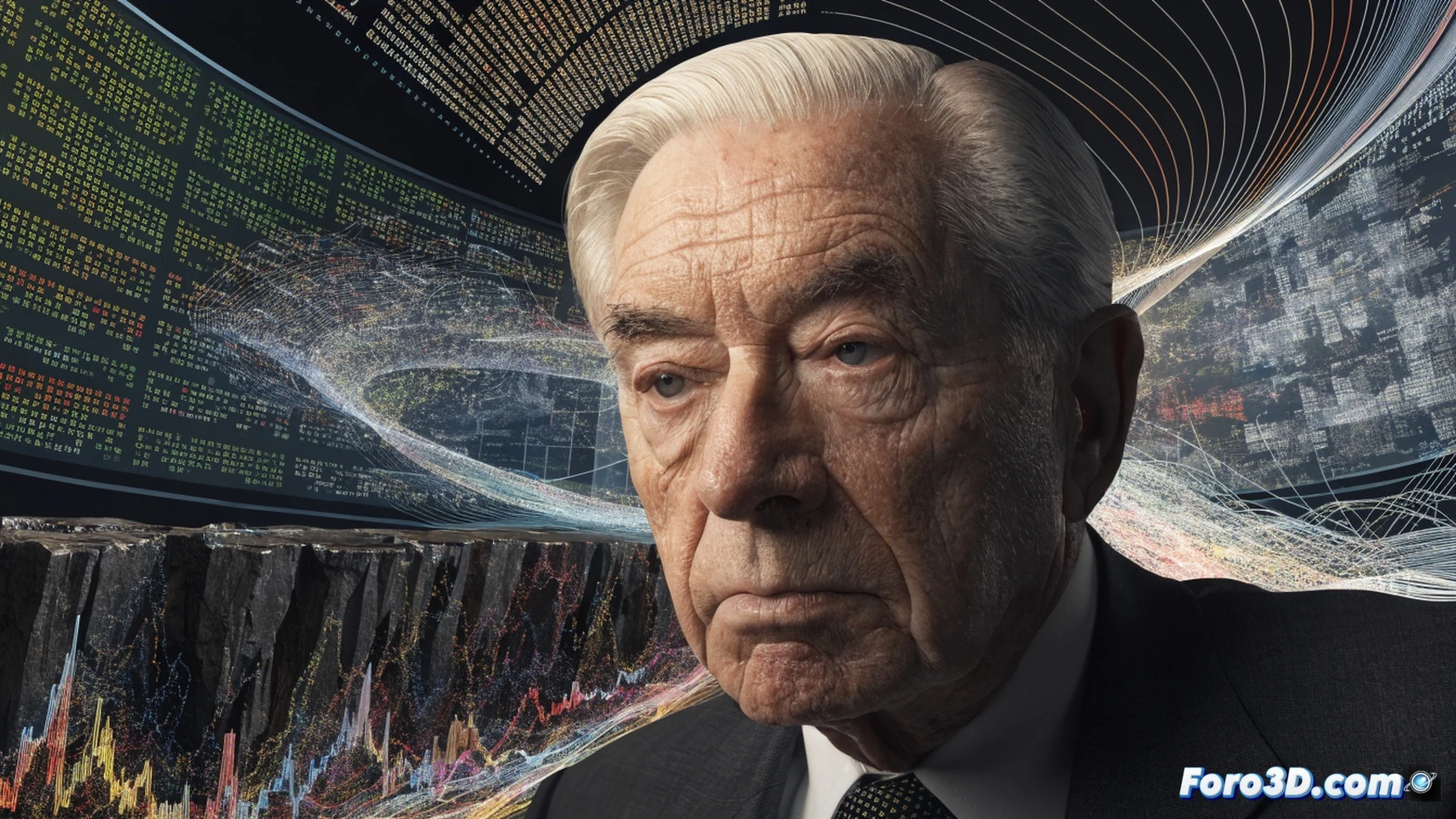 Alan Greenspan standing at a podium before a crumbling Wall Street facade, dollar bills and stock certificates dissolving into dust mid-air, a fractured marble column collapsing behind him, a miniature house and factory model cracking at his feet, cinematic photorealistic style, dramatic chiaroscuro lighting, golden-era wood-paneled boardroom interior, shattered glass shards floating, exposed steel beams bending under stress, financial charts on a monitor showing a red downward spiral, ultra-detailed textures of polished mahogany and torn paper, high-contrast shadows, apocalyptic financial symbolism