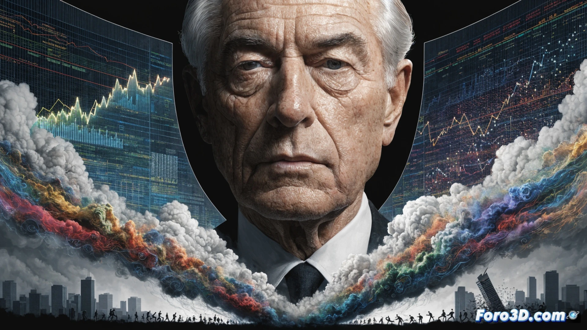 central bank boardroom during a financial bubble collapse, Alan Greenspan figure adjusting a giant stock market ticker while a family is being evicted through a cracked window behind him, bankers clapping as housing charts inflate, a cracked scale of justice tipping toward a pile of gold bars, cinematic wide shot, dramatic chiaroscuro lighting, smoke haze, polished mahogany table with scattered financial reports, photorealistic technical illustration, hyper-detailed textures, tension in the scene