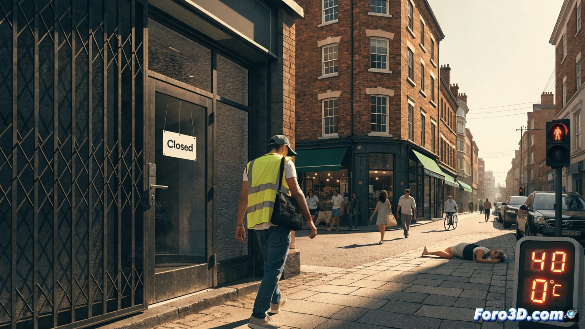 Greggs bakery storefront with CLOSED sign on glass door during extreme heatwave, digital temperature display showing 40°C on brick wall, empty street with heat haze distorting pavement, three shuttered shops in a row in West Midlands, red weather warning symbols on a tablet held by a worker wiping sweat, broken air conditioning unit dripping water, empty pastry display case inside, cinematic photorealistic render, harsh midday sunlight casting sharp shadows, heatwave mirage effect, technical weather documentation style, urban heat island isolation