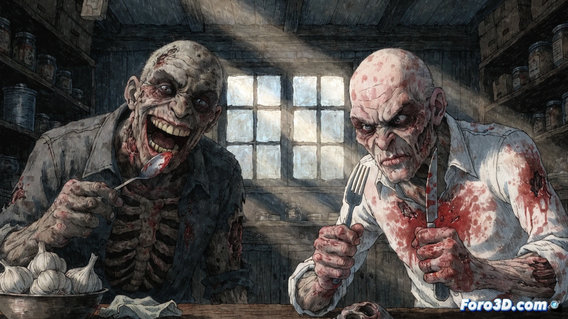 stop-motion animator hand drawing a gruesome cannibal creature on paper under a desk lamp, ink-stained fingers gripping a pencil while blood-like red pigment smears across the sketch, scattered charcoal sticks and eraser shards on the wooden table, dark fantasy style, ultra-detailed hand textures, dramatic side lighting casting long shadows, visible pencil strokes and paper grain, cinematic horror atmosphere, photorealistic technical illustration, action of drawing mid-stroke demonstrating five years of manual labor, no digital tools or screens present