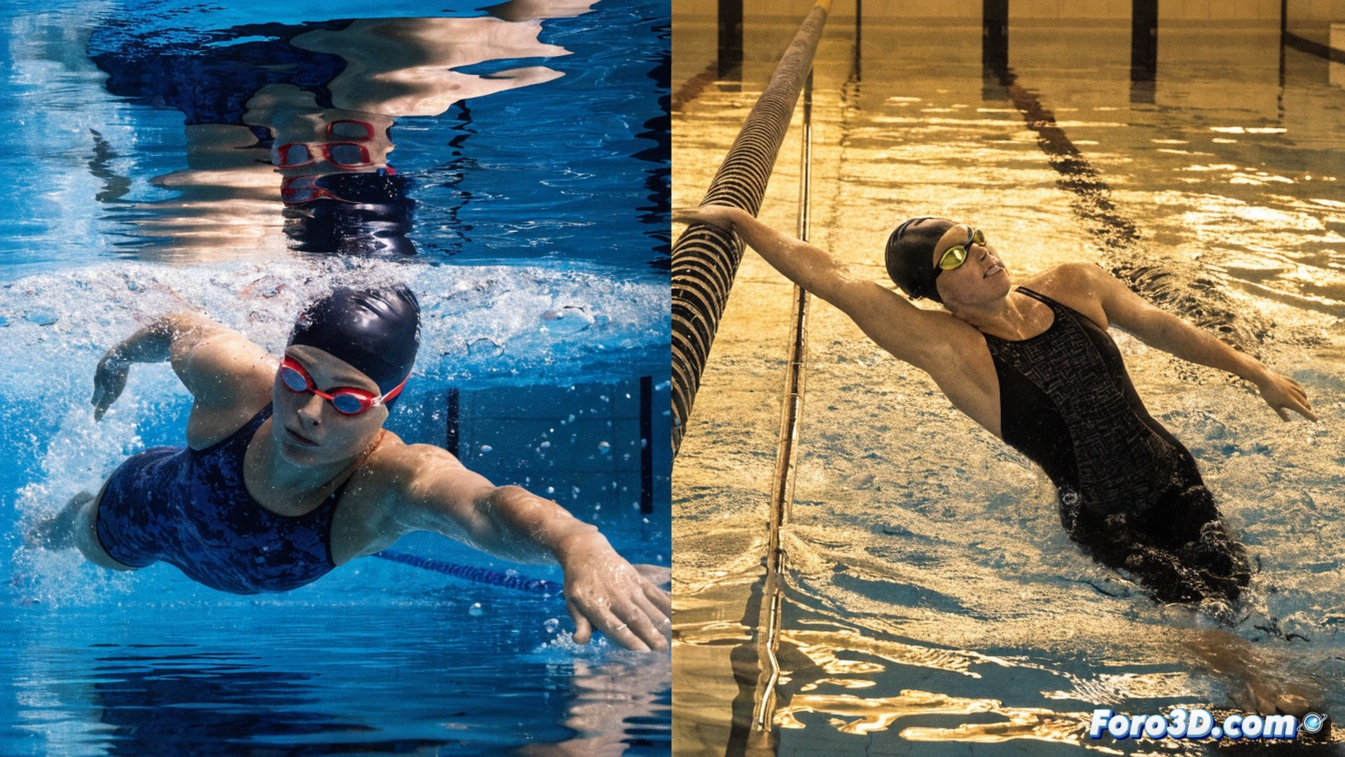 competitive swimming pool scene, two female swimmers mid-race in adjacent lanes, one touching the wall first while a digital timing board displays a new world record, water splashing violently around both athletes, motion blur on arms and legs, underwater camera angle showing powerful strokes and bubbles, pool lane ropes with wave turbulence, photorealistic sports visualization, dramatic stadium lighting reflecting on water surface, high-speed action freeze-frame, technical timing equipment visible on deck, intense athletic competition atmosphere, ultra-detailed muscle definition and swimsuit textures