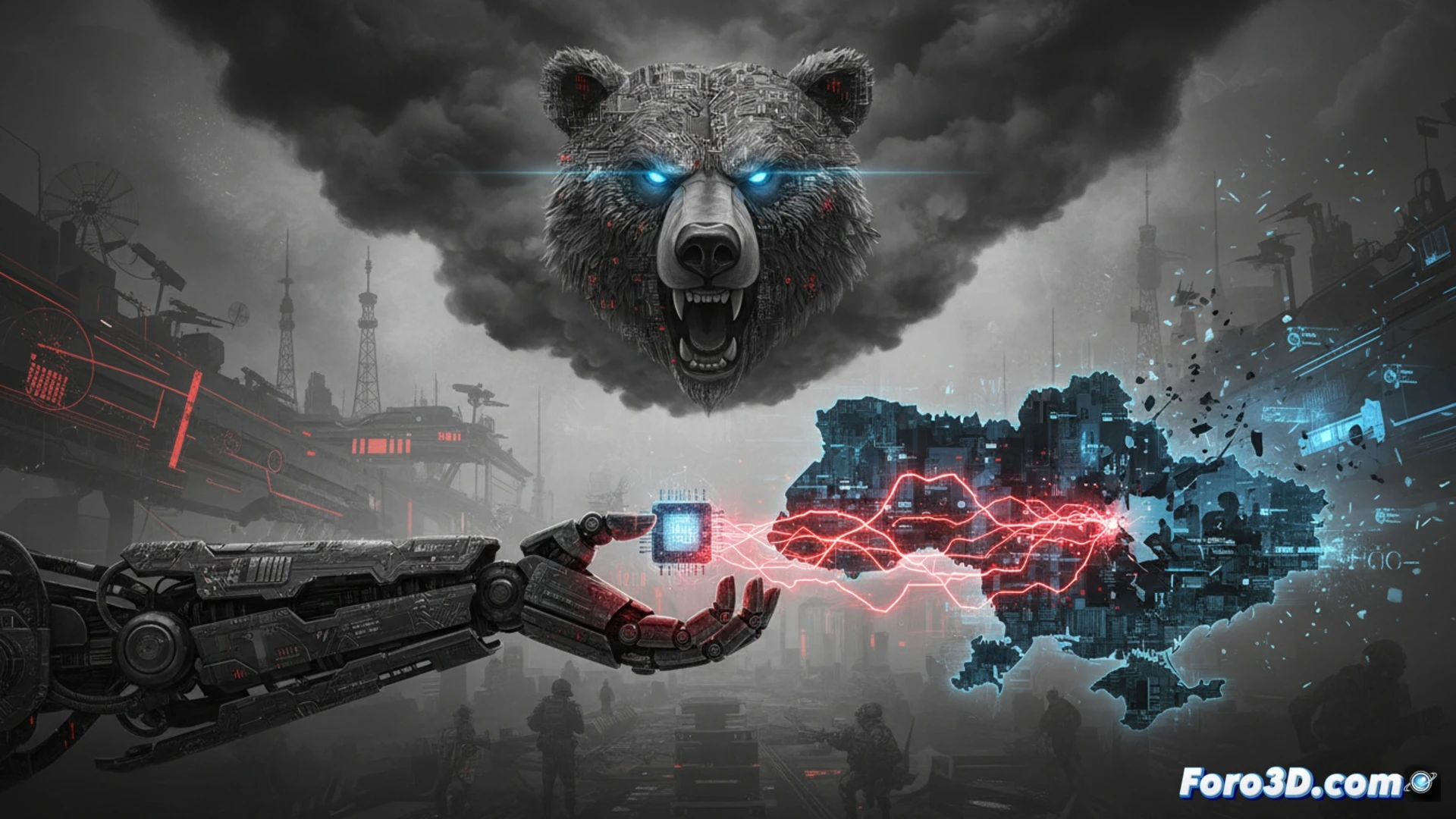 cinematic shot of a server room interior, a glowing AI brain hologram hovering above a central console while digital malware streams like green code tendrils into Ukrainian flag-colored network lines, automated intrusion scripts executing across multiple monitors, firewall barriers cracking under rapid AI-driven attacks, cyber defense systems struggling to keep pace, dark blue and red emergency lighting, sparks from overloaded hardware, photorealistic technical illustration, ultra-detailed circuit traces on motherboards, dramatic contrast between cold steel and neon threat indicators