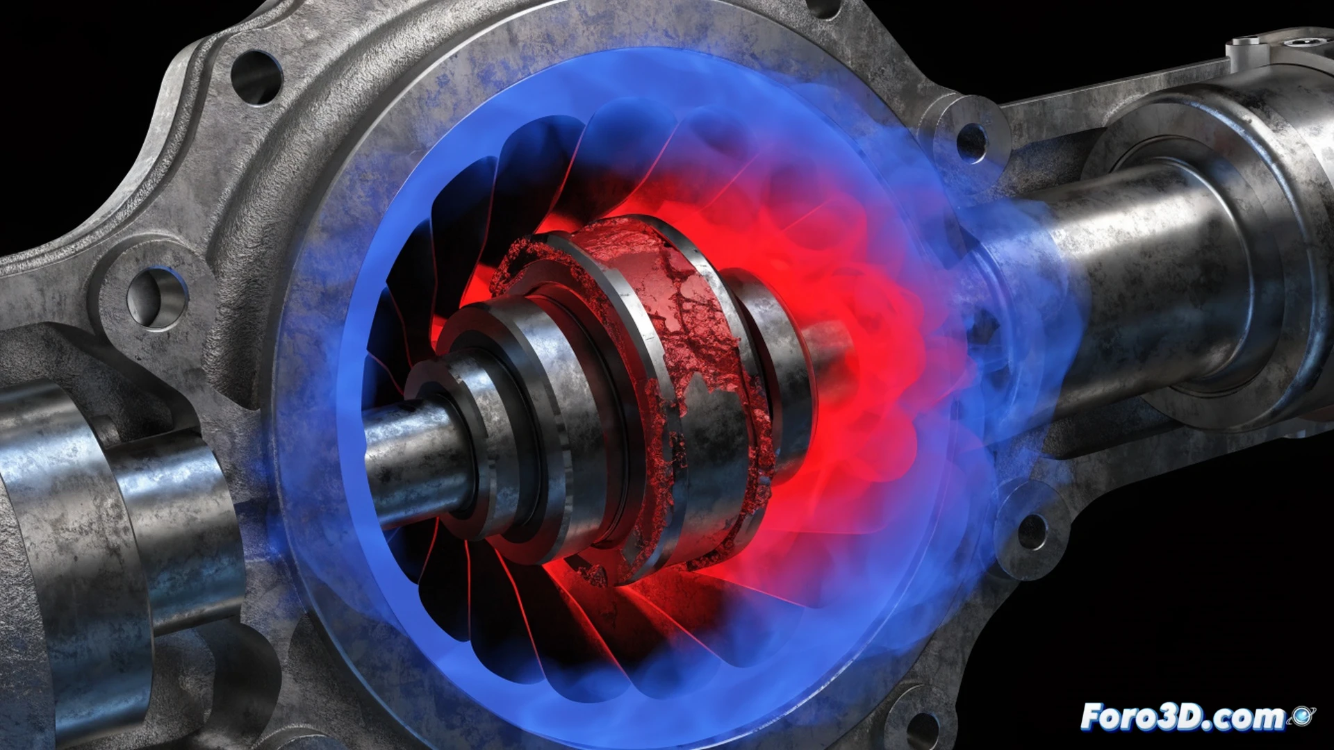turbocompresor seccionado en vista 3D, cojinete de empuje mostrando superficies gripadas con marcas de desgaste por fricción, flujo de aceite interrumpido representado con partículas rojas semitransparentes que se detienen antes del cojinete, herramientas de medición virtual de PolyWorks sobrevolando la pieza, interfaz de Autodesk Fusion con simulación térmica en segundo plano, iluminación industrial dramática, estilo cinematic engineering visualization, texturas metálicas realistas con zonas quemadas y rayadas, fondo oscuro con reflejos metálicos