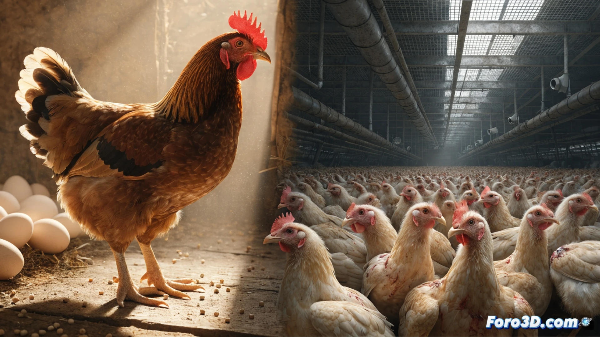 industrial poultry farm interior during a mass culling operation, thousands of chickens crammed into wire cages stacked floor to ceiling, workers in hazmat suits spraying disinfectant while dead birds pile up on conveyor belts, ventilation ducts circulating contaminated air, fluorescent lights flickering over metal feeding troughs, broken egg conveyor system jammed with debris, biosecurity warning signs peeling off walls, cinematic photorealistic visualization, dramatic low-angle shot emphasizing the scale of confinement, harsh overhead lighting casting deep shadows, dust particles suspended in air, cold sterile atmosphere, ultra-detailed textures of rusted metal and bird droppings, technical illustration style with documentary precision