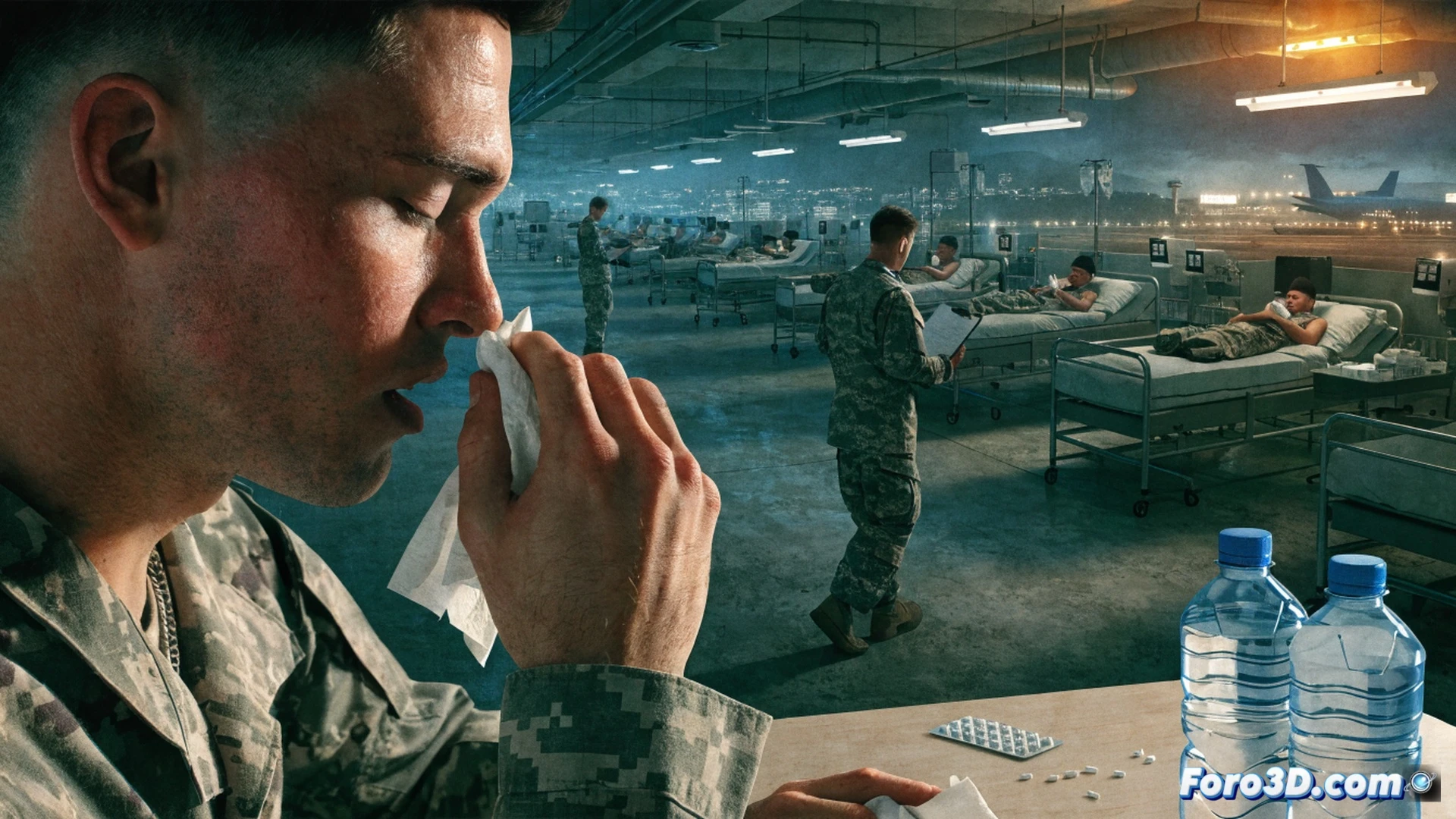 military base medical bay scene, 160 soldiers in uniform lying on cots with IV drips and oxygen masks, a whiteboard showing flu outbreak data being erased by a hand in uniform, medical equipment like stethoscopes and syringes on trays, a discarded vaccine vial on the floor, dramatic fluorescent lighting, tense atmosphere with nurses moving quickly between beds, photorealistic technical illustration, high detail on medical gear and soldier fatigue, cinematic composition with deep shadows