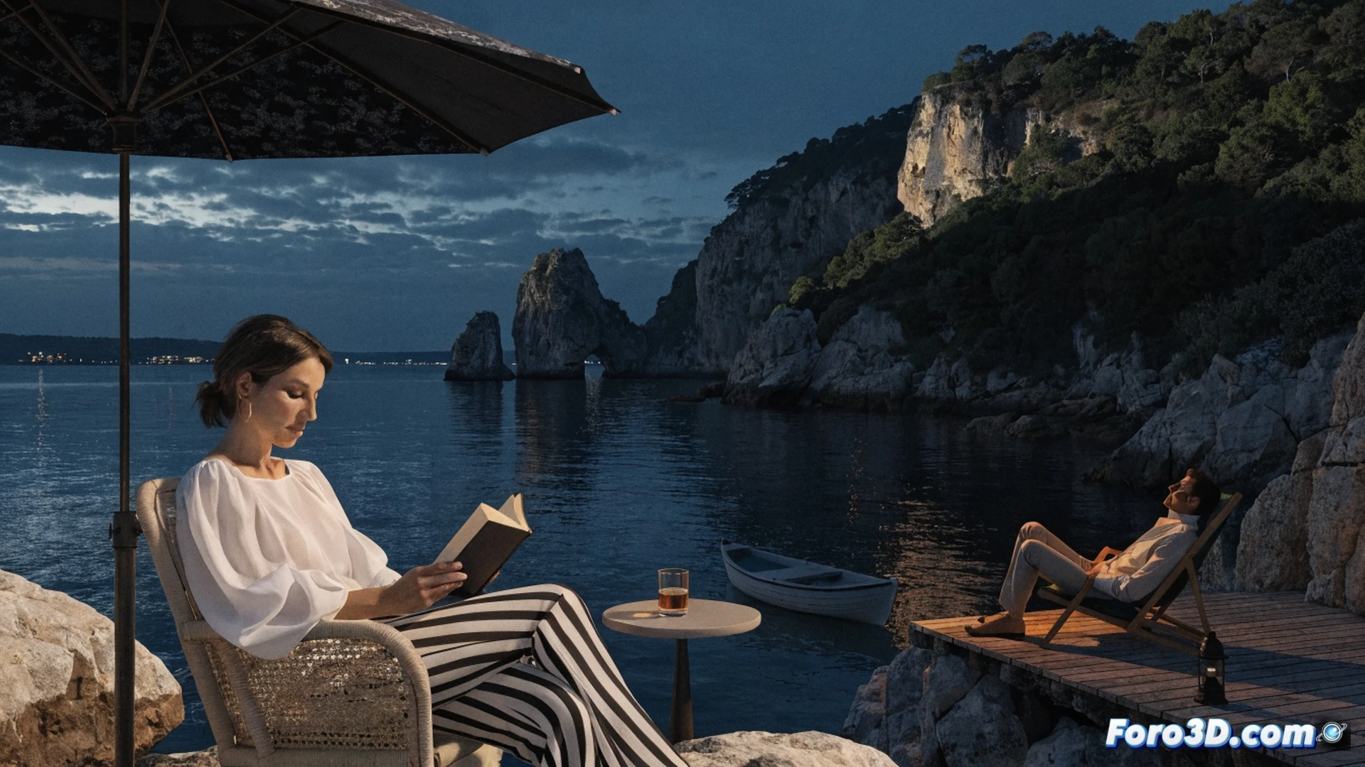 Susanna Griso sentada en una terraza mediterránea frente al mar, leyendo un libro abierto mientras una brisa mueve sus páginas, una copa de agua con hielo en la mesa de madera, atardecer dorado sobre la Costa Brava, olas rompiendo suavemente en la orilla, silla de mimbre vacía al lado, cámara réflex digital sobre la mesa mostrando un lente gran angular, teléfono móvil en modo silencio con pantalla apagada, estilo cinematic photorealistic, iluminación cálida de hora mágica, enfoque nítido en su rostro relajado y sonrisa leve, fondo desenfocado de cala rocosa y pinos, atmósfera tranquila y personal, demostrando descanso y prioridad del bienestar sobre el ruido mediático, ultra-detallado texturas de ropa ligera de verano y madera desgastada