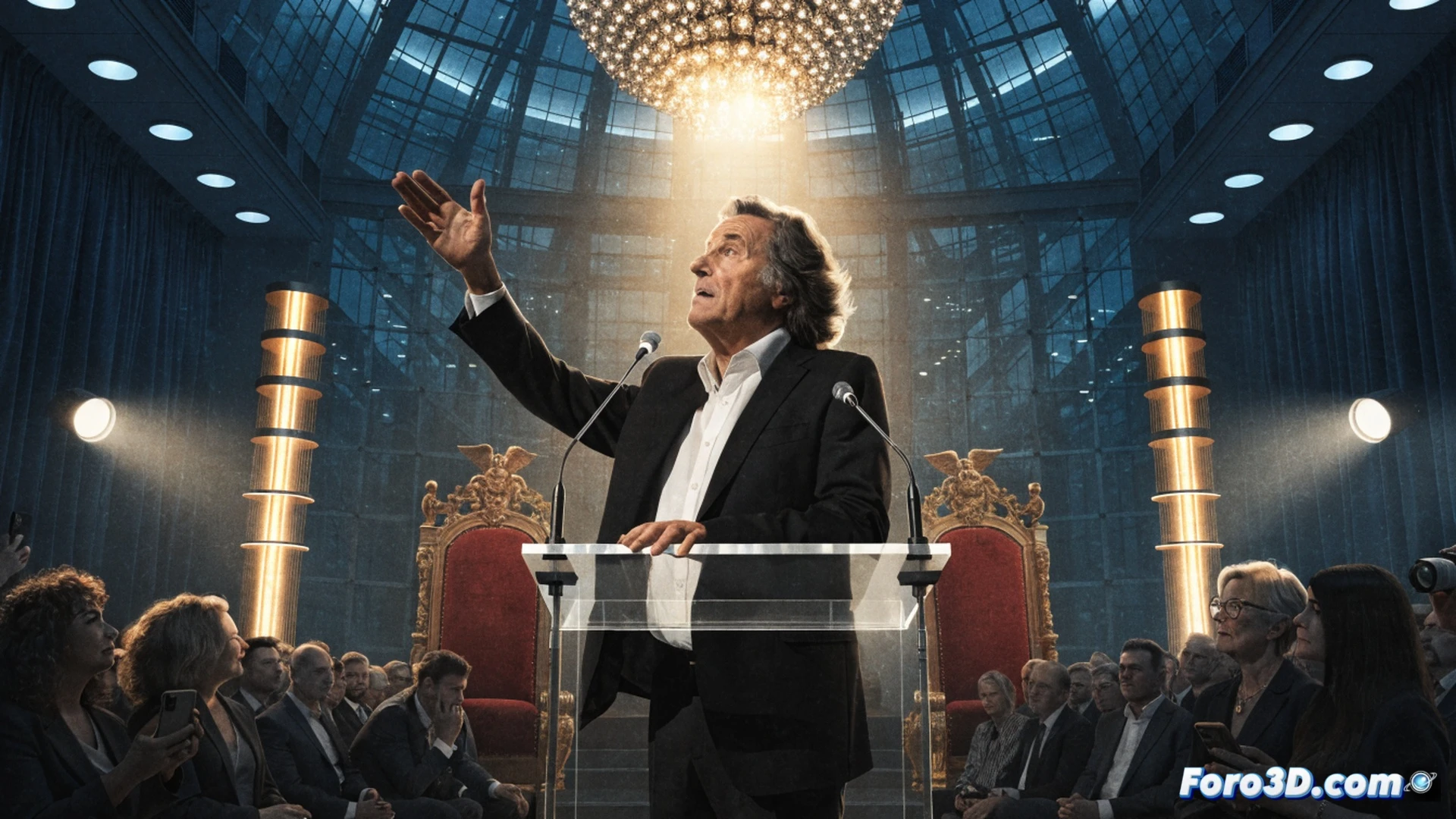 Herbert Grönemeyer standing at a podium under bright stage lights, holding the National Prize trophy while gesturing toward empty front-row seats labeled for politicians, microphone amplifying his voice, audience members looking engaged, stage displaying a large screen showing data visualizations of voter turnout and civic participation, cinematic photorealistic style, dramatic contrast between illuminated stage and vacant chairs, detailed textures of wood podium and metallic award, subtle motion blur from his hand movement during speech.