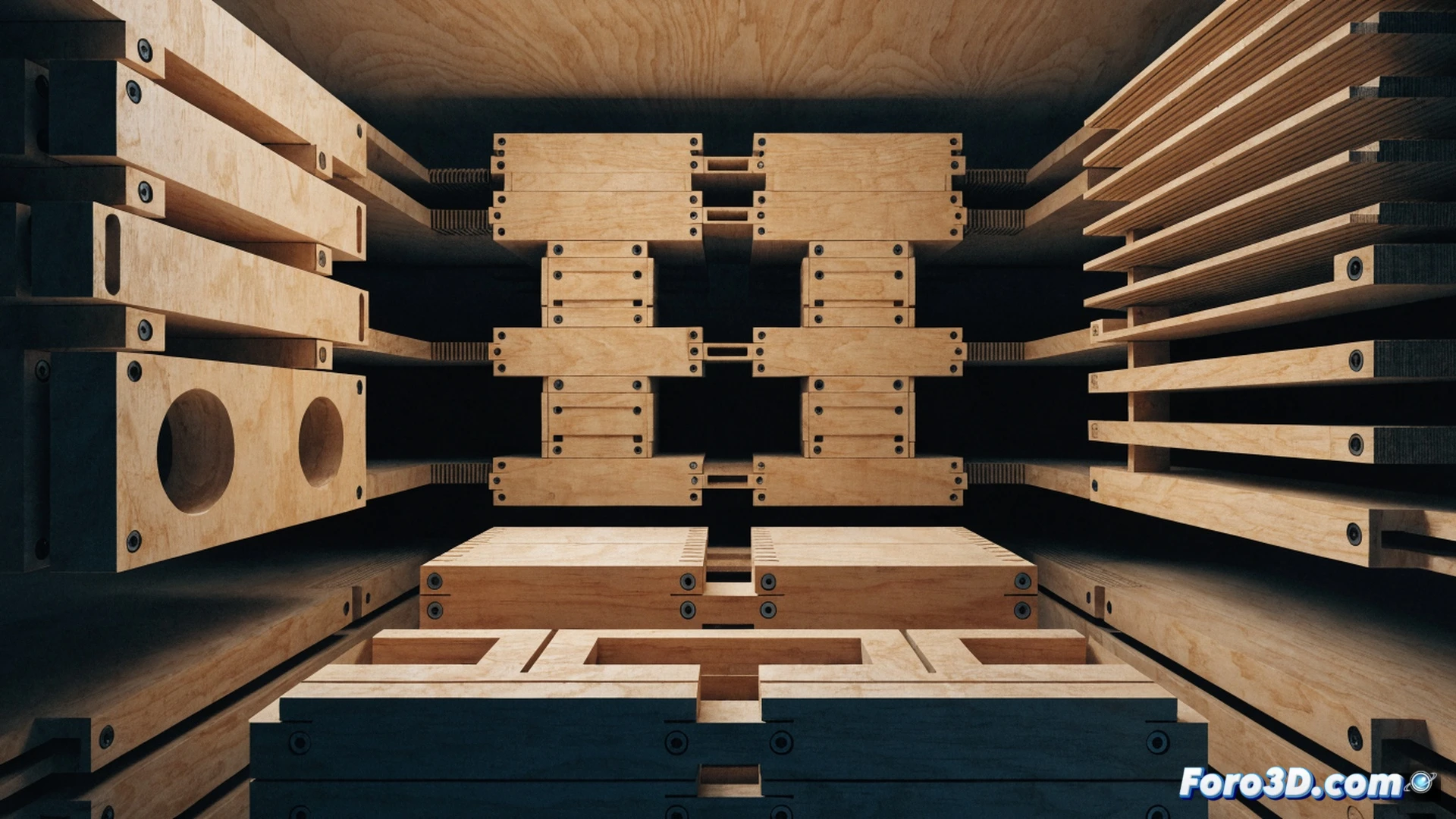 CNC machine carving cross-laminated timber panel with precision routing, robotic arm placing labeled modular wooden beam, workers assembling prefabricated wall section like flat-pack furniture, digital blueprint overlay on construction site, reduced wood waste pile beside efficient assembly area, cinematic engineering visualization, photorealistic technical illustration, dramatic natural lighting, clean industrial workshop setting, ultra-detailed wood grain and machine components, action of building faster with less material waste