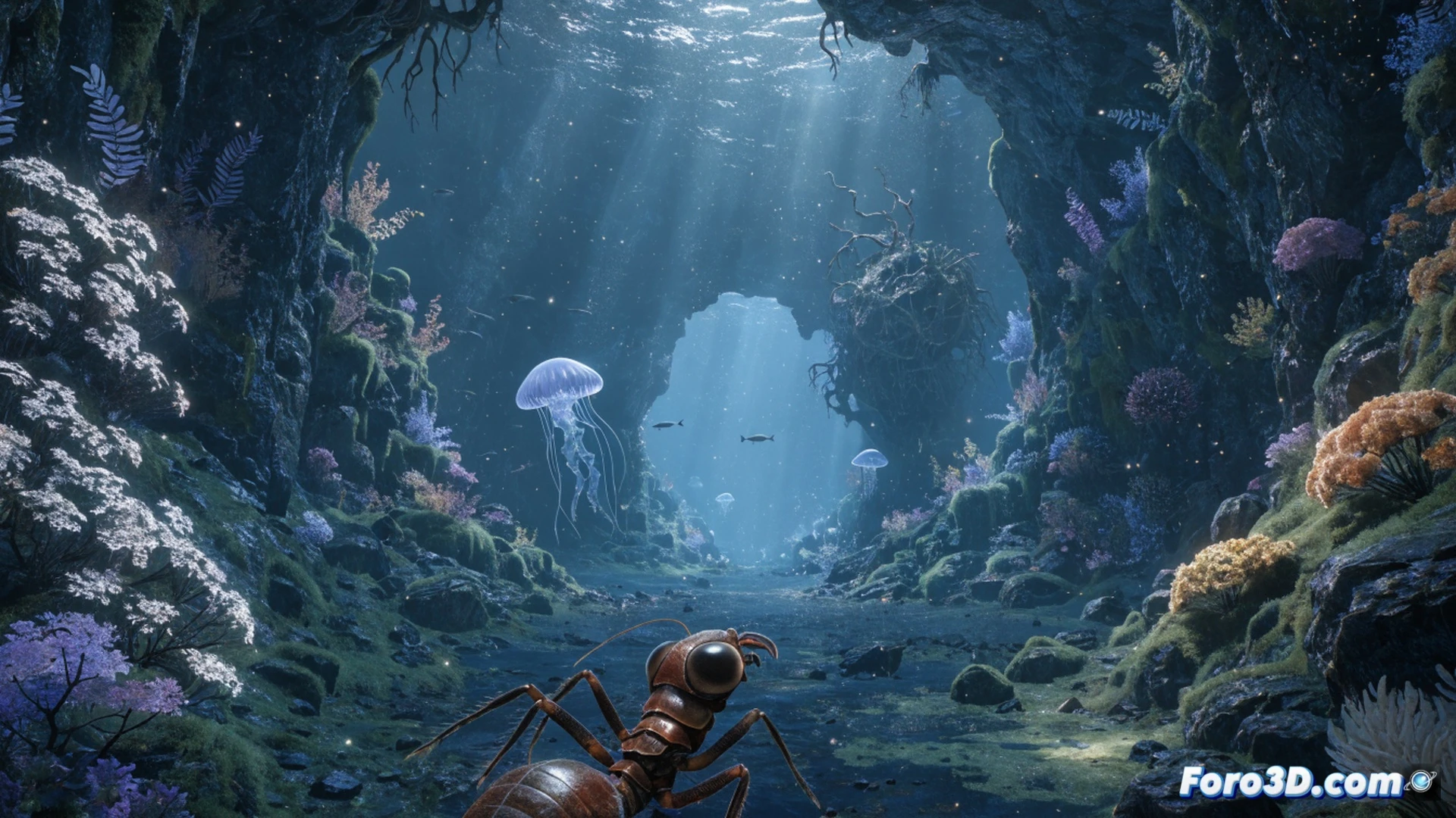underwater biome expansion scene, giant robotic creature emerging from abyssal trench, player character in diving suit using scanner tool to analyze glowing alien flora, submerged laboratory structure visible in background, bubbles rising from hydrothermal vents, dramatic blue-green lighting with volumetric fog, photorealistic technical illustration, mechanical details on suit and scanner, bioluminescent particles floating, tension in action, deep sea exploration aesthetic, ultra-detailed coral-like structures, cinematic game art style