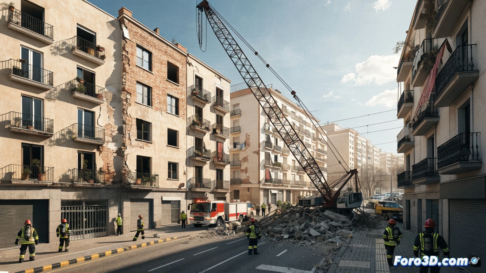urban construction crane falling diagonally between residential buildings in Tetuán district, Madrid, steel lattice structure bending and twisting mid-air, crane boom impacting three adjacent apartment facades, debris and dust clouds exploding from impact points, building scaffolding partially collapsed, workers and residents running away from danger zone, fire truck with flashing lights arriving at scene, firefighters in yellow helmets securing perimeter, tension cables snapping with visible sparks, broken concrete fragments flying, dramatic afternoon sunlight casting long shadows through dust, cinematic photorealistic engineering visualization, ultra-detailed city street environment, motion blur on falling crane, realistic structural damage textures, high-angle shot capturing entire accident scene