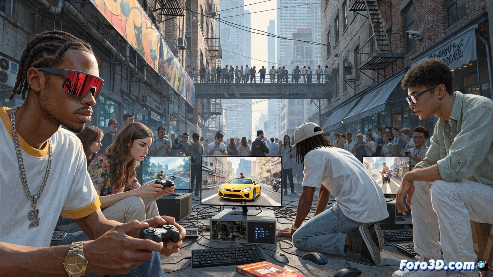 photorealistic cinematic scene of a chaotic game store interior, empty shelves with Sold Out signs for consoles, employees handing out digital download codes instead of discs, a calendar on the wall showing November with vacation request forms piled high, a manager holding a resignation letter while staring at a crashed stock market graph on a monitor, outside the window a bar and cinema have Closed for the Month signs, dramatic lighting from neon signs casting shadows on scattered gaming controllers and hard drives, ultra-detailed technical render with realistic dust particles and reflective surfaces