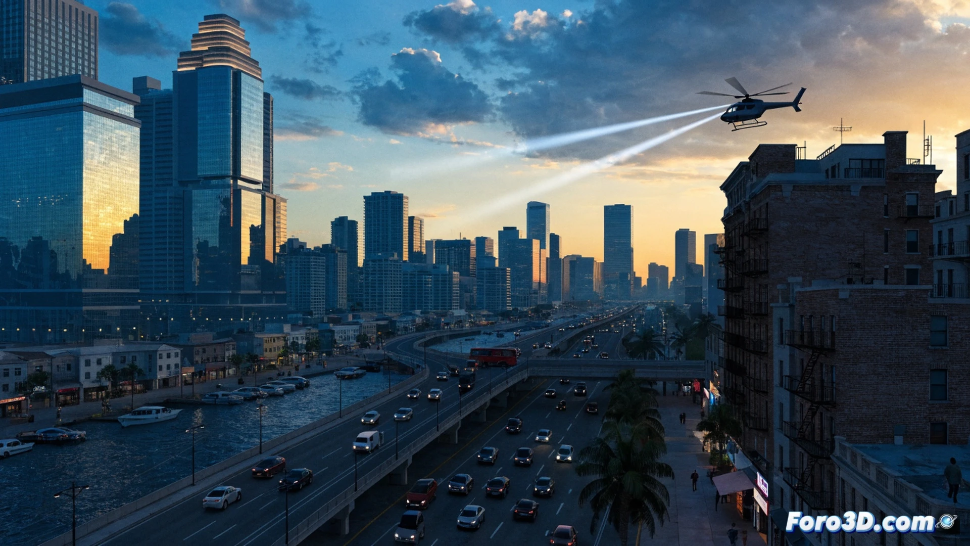 neon-lit Vice City coastline at sunset, a sleek sports car speeding along Ocean Drive, palm trees blurring past, digital countdown hologram flickering in the sky showing November 19 2025, game controller with glowing joystick on a wooden table, multiple stacked game cases with GTA V and GTA 6 labels, monitor displaying a calendar date highlighted in red, keyboard with RGB lighting, cinematic photorealistic render, dramatic golden hour lighting, motion blur on the car, reflections on water, ultra-detailed city architecture, technical product showcase style
