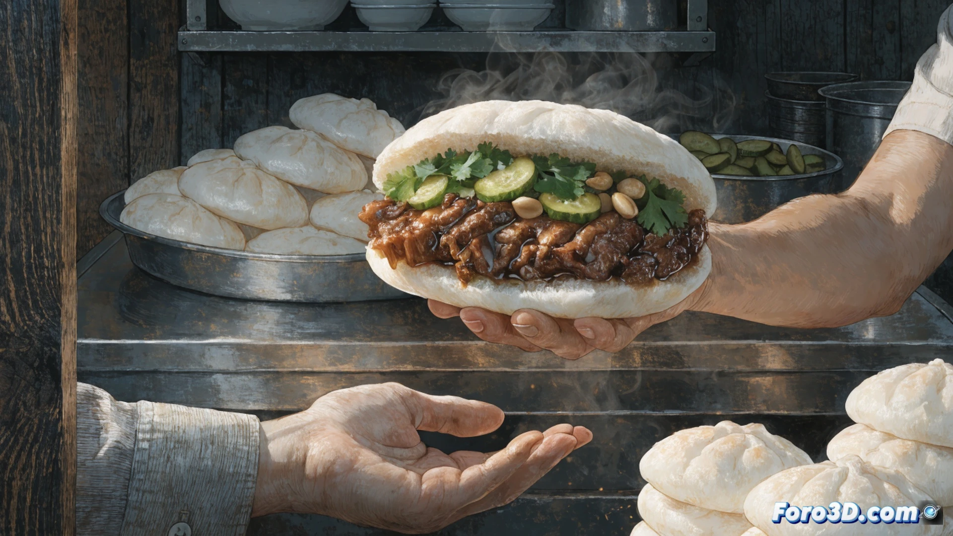 Taiwanese street food vendor assembling a gua bao, steamed bun being opened with chopsticks, braised pork belly slices glistening with soy sauce, crushed peanuts and pickled mustard greens falling onto the bun, cilantro leaves scattering mid-air, steam rising from a bamboo steamer basket, stainless steel counter with soy sauce bottles and cutting board, chef hands in motion during preparation, cinematic photorealistic style, warm amber and golden lighting, shallow depth of field, hyper-detailed textures of meat and dough, bustling night market background blurred, technical food photography render