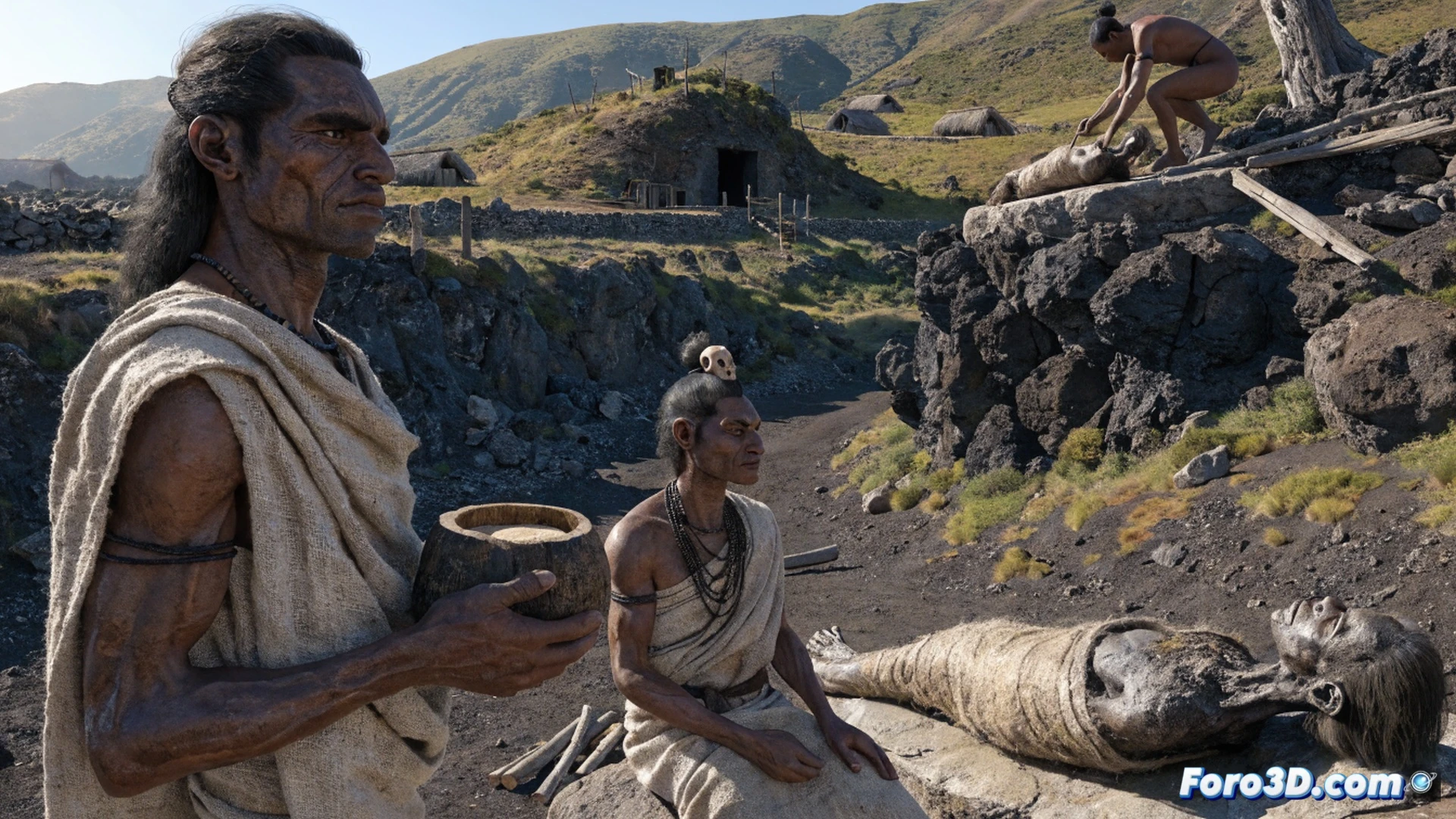 Ancient Guanche burial cave interior, volcanic rock walls, mummified bodies wrapped in animal skins lying on wooden platforms, a shaman performing ritual embalming using obsidian tools and herbal resins, goat herd visible through cave entrance on Tenerife coastline, Atlantic Ocean waves crashing below, no boats or ships in sight, cinematic photorealistic technical illustration, dramatic natural lighting from cave opening, dust particles floating in sunbeams, detailed textures of preserved skin and woven palm fiber wrappings, archaeological documentation style, ultra-realistic ancient artifacts and tools, atmospheric depth with shadows and highlights