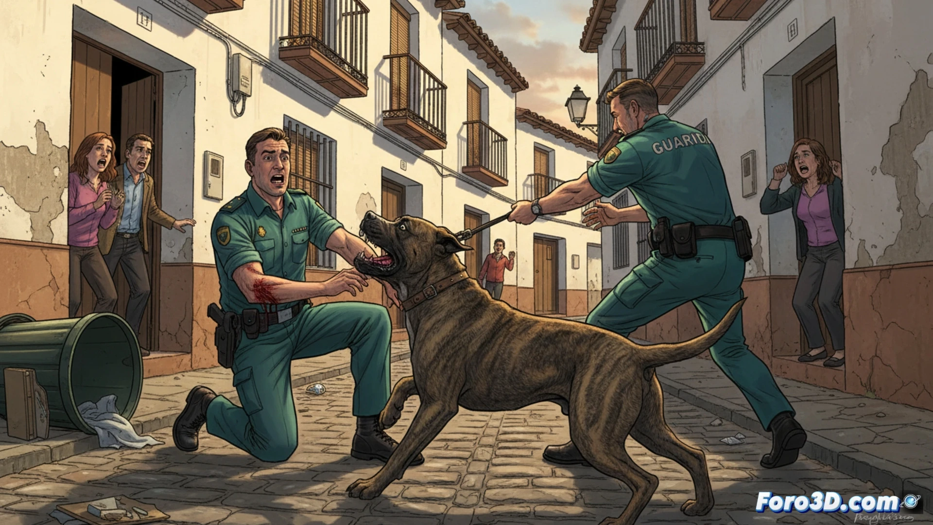 Guardia civil en uniforme operativo forcejeando con un perro de raza peligrosa en una calle urbana de Tomelloso, agente sujetando una porra extensible mientras el animal muestra los dientes y tensa la correa, segundo agente retrocediendo con una tableta de aviso en la mano, farola de noche iluminando la escena, adoquines mojados reflejando luces de emergencia de un vehículo oficial, estilo cinematográfico realista, profundidad de campo reducida, encuadre dinámico desde ángulo bajo, tensión visible en las posturas, iluminación dramática azul y ámbar, textura detallada del uniforme y el pelaje