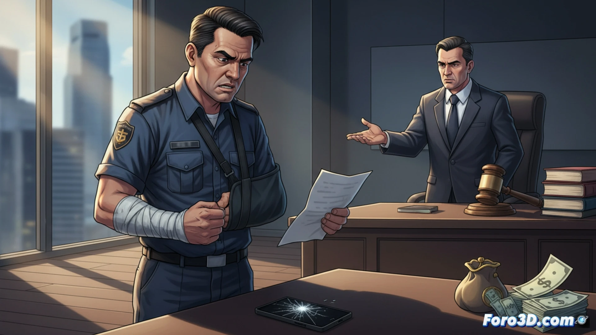 security guard in uniform standing in a courtroom, one hand holding a rejected settlement cheque torn in half, other hand pointing at an empty plaintiff bench, judge gavel mid-strike on desk, legal documents scattered showing crossed-out settlement figures, security monitoring screens in background displaying empty corridors, photorealistic cinematic lighting, cold blue and grey tones, dramatic shadows from venetian blinds, security badge and duty belt visible, courtroom wood paneling, technical legal illustration style, sharp focus on cheque pieces falling, high contrast industrial aesthetic