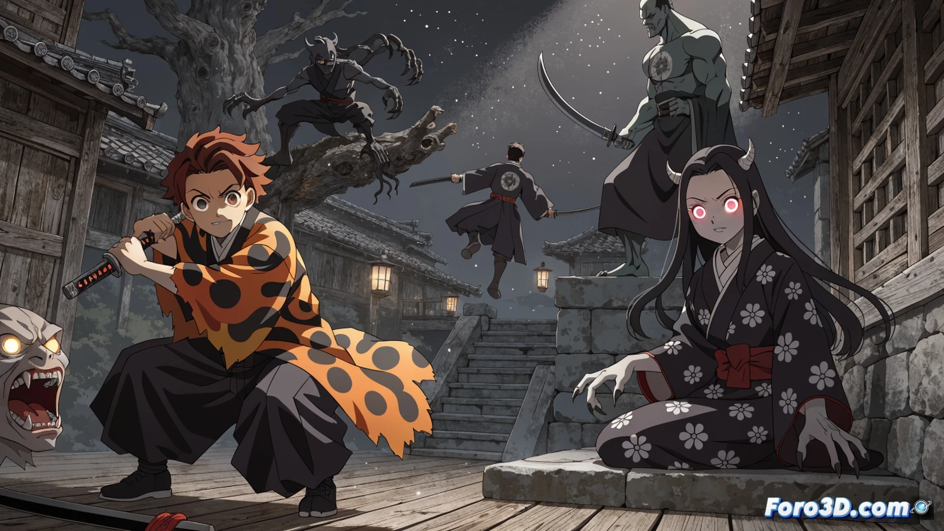 young boy in green checkered haori swinging a black katana with red blade edge, mid-air slash motion against a giant demon with multiple eyes and distorted limbs, broken wooden rooftops and flying debris during night battle, glowing blue water breathing technique effect swirling around the sword, demon regeneration process showing flesh reknitting on severed arm, traditional Japanese architecture with paper lanterns casting warm light, cinematic fighting scene, dynamic pose with fabric rippling, dramatic moonlit shadows, photorealistic anime style render, sparks from blade impact, dust particles illuminated, ultra-detailed character textures, epic action composition