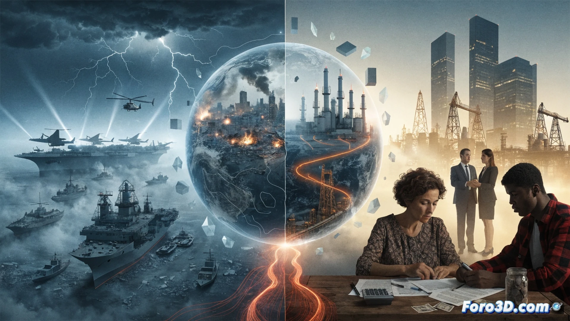 cinematic wide shot of a middle-aged citizen in a dimly lit home office, staring at a glowing laptop screen showing a complex energy price graph and inflation charts, one hand holding a calculator, the other pressing a smart thermostat displaying a high temperature warning, while outside the window a distant parliament building is illuminated with a faint golden glow, electricity meter on wall spinning rapidly, scattered utility bills on desk, photorealistic technical visualization, dramatic contrast between warm indoor light and cold outdoor blue tones, ultra-detailed textures of plastic, paper, and glass, realistic financial data visualization on screen, cinematic depth of field