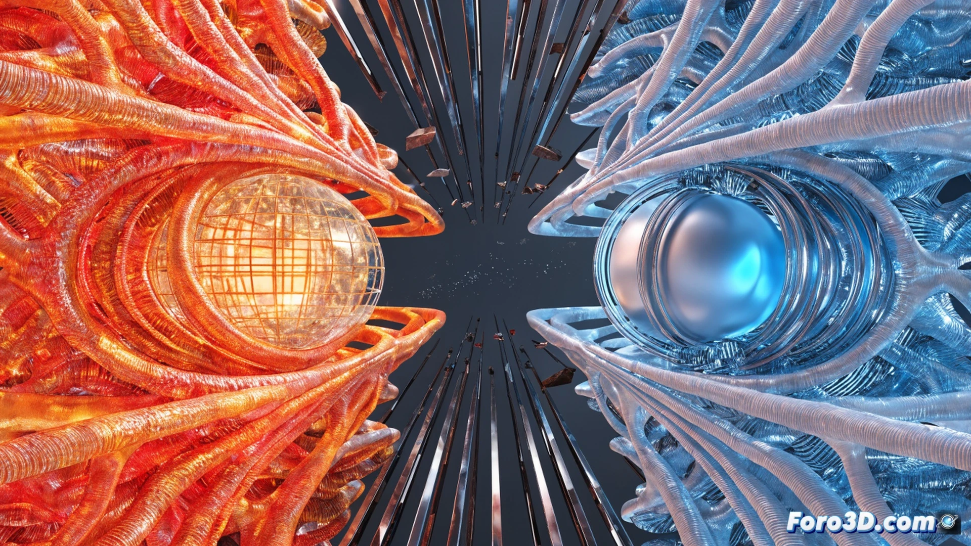 two floating holographic interface panels facing each other in a dark futuristic workspace, left panel showing Gemini logo with a glowing price tag dissolving from high to low numbers, right panel displaying ChatGPT interface with a shield icon being lowered, digital currency symbols falling like rain between them, cloud storage bars growing upward from the left panel, subtle Anthropic logo glowing faintly in background, sleek metallic desk surface reflecting blue and orange light trails, cinematic technical illustration style, volumetric fog, sharp focus on the price war action, photorealistic engineering visualization, dramatic rim lighting on holographic edges