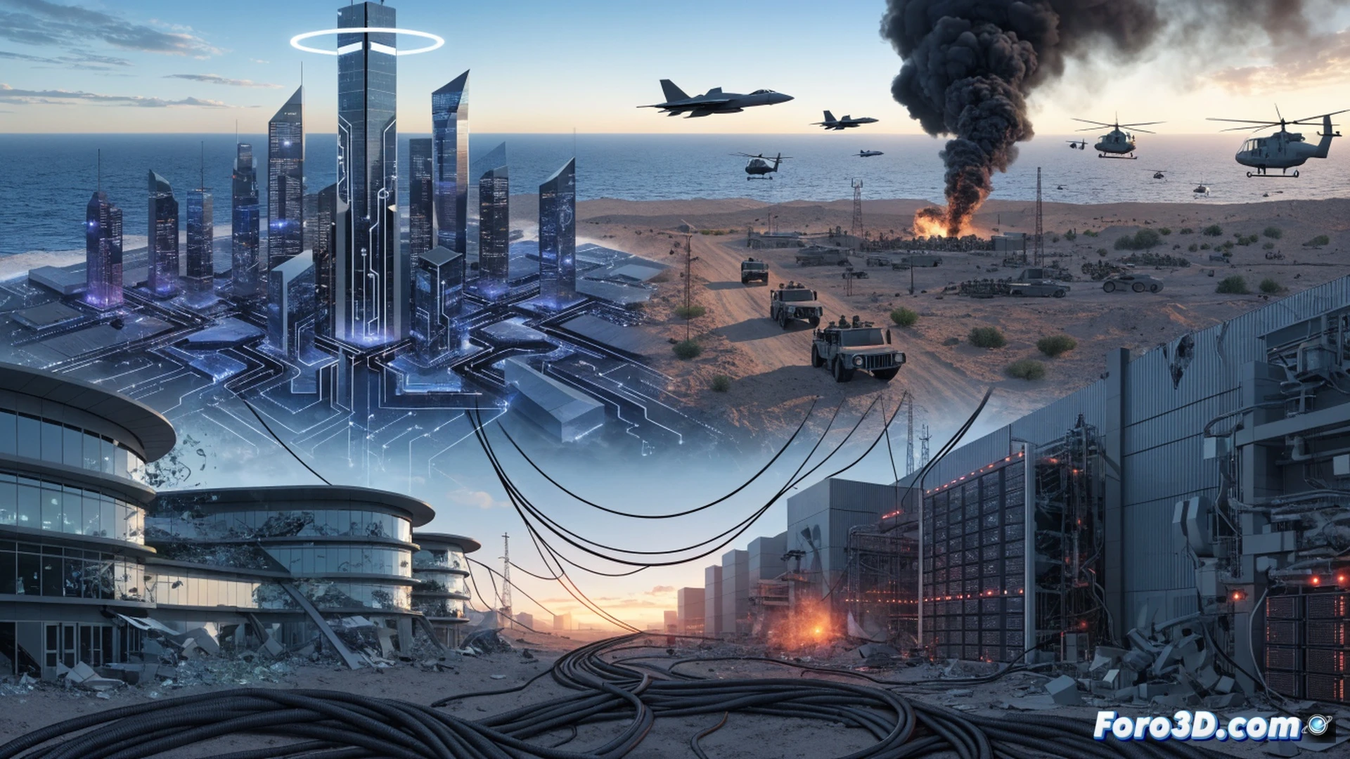 Middle Eastern city skyline at sunset with iconic modern towers, digital screens flickering and showing error symbols across office buildings, a massive cloud computing server farm in the foreground with rows of server racks emitting smoke and sparks, cables dangling and disconnected, a single human silhouette in a data center aisle looking up at a cracked holographic interface displaying a paused AI neural network diagram, circuit board patterns fading into darkness, cinematic photorealistic technical illustration, dramatic orange and grey lighting, atmosphere of technological stagnation and conflict aftermath