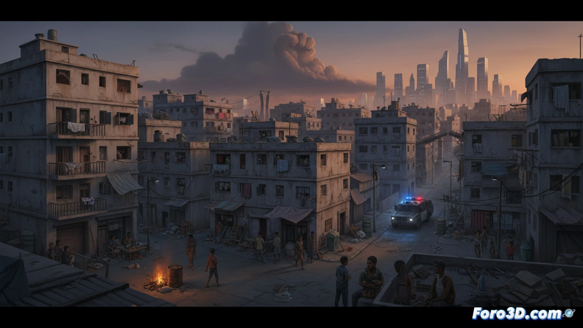 aerial view of a neglected urban housing block at dusk, broken streetlights casting long shadows, a group of young people standing near a boarded-up community center while a social worker walks towards them holding a tablet showing data on employment programs, cracked asphalt with faded pedestrian crossings, graffiti-covered walls, a single police car parked far away at the edge of the frame, contrasting a newly renovated building in the background, photorealistic cinematic style, dramatic golden hour light, deep contrast between decay and hope, technical illustration of urban exclusion