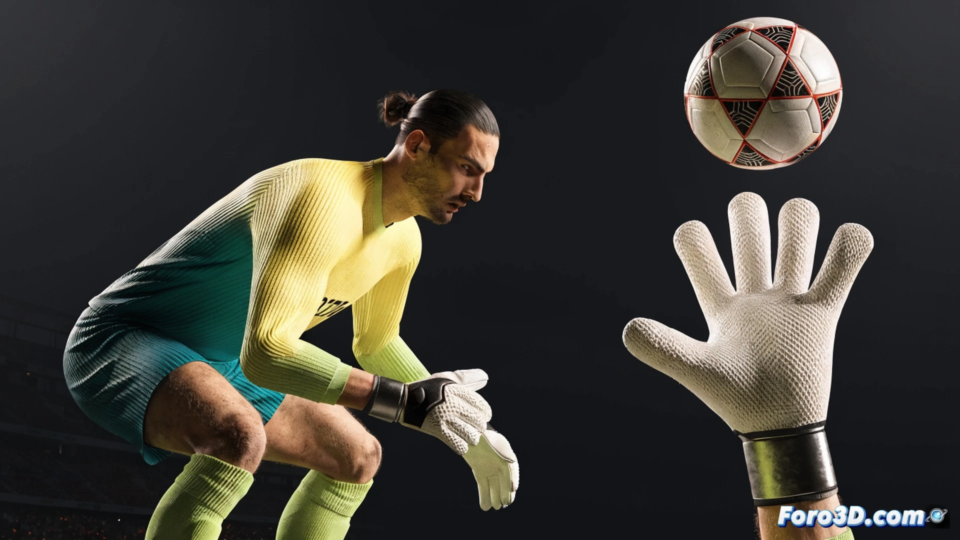 Tottenham Hotspur goalkeeper Guglielmo Vicario performing a rapid lateral dive, right foot sweeping the ball clear during a high-pressure build-up play, lightweight synthetic turf particles kicked up by his studs, body angled with arms outstretched for balance, opposing striker sliding in late, ultra-wide angle lens capturing the full motion arc, real-time 3D skeletal tracking lines overlaid on his legs showing weight shift, green and white kit motion blurred, cinematic photorealistic technical illustration, hyper-detailed grass texture, dramatic floodlight shadows, dynamic action frozen mid-movement